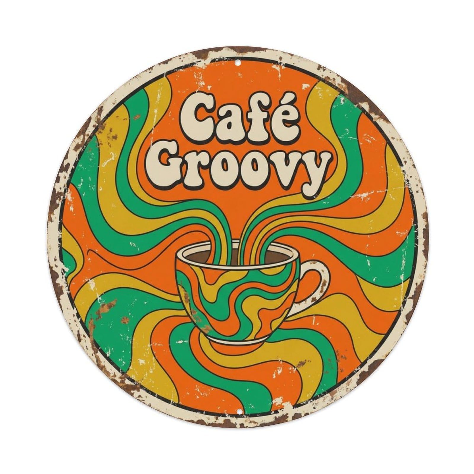 Retro Groovy Lounge Cafe Metal Tin Sign Plaque Wall Decor for Cafe, Club, Garden Round Metal Poster 8x8Inch