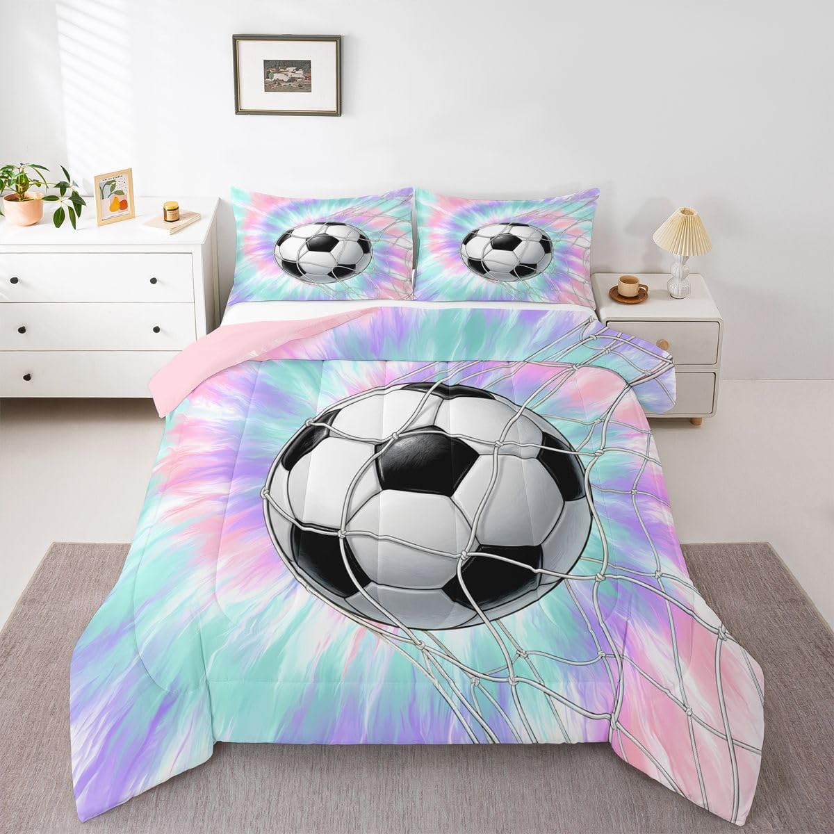 Feelyou Football Comforter Set Full Size Soccer Bedding Set for Kids Boys Girls Watercolor Tie Dye Duvet Quilt Sports Bedroom Decor Microfiber 3 Pcs with 2 Pillow Cases