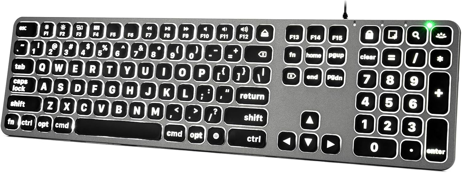 Backlit Wired Keyboard for Mac, Large Print Keyboard with Dual Interface, Full Size Slim Thin Computer Keyboards with Numeric Keypad Compatible with Apple MacBook Air/Pro, iMac, Mac Mini/Pro