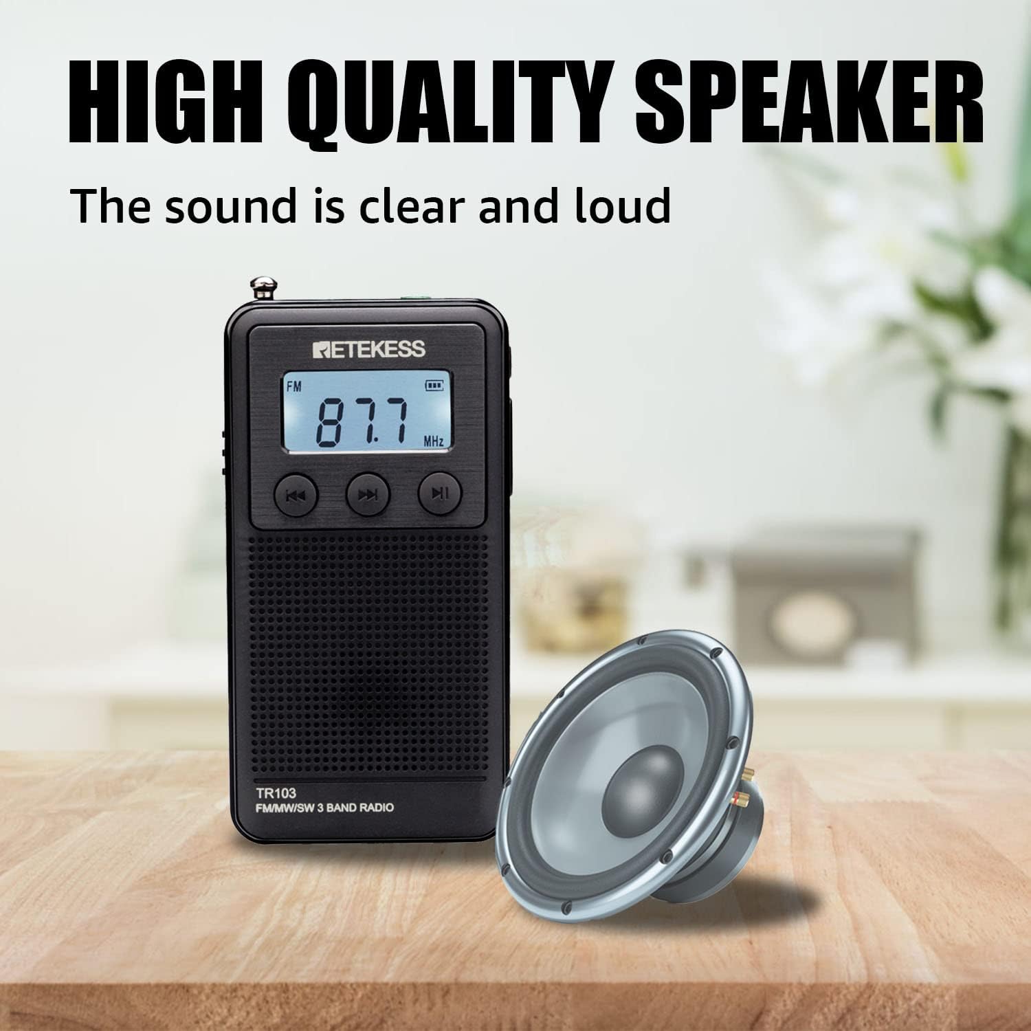 Retekess TR103 radio with a speaker icon, emphasizing clear and loud sound