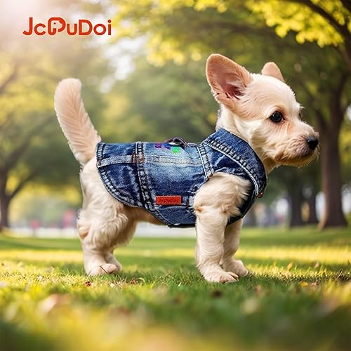 Miniatura 10 de JcDuDoi Chaqueta de mezclilla para perro, abrigo de mezclilla negro para cachorros y perros pequeños, camiseta clásica a la moda, overol clásico