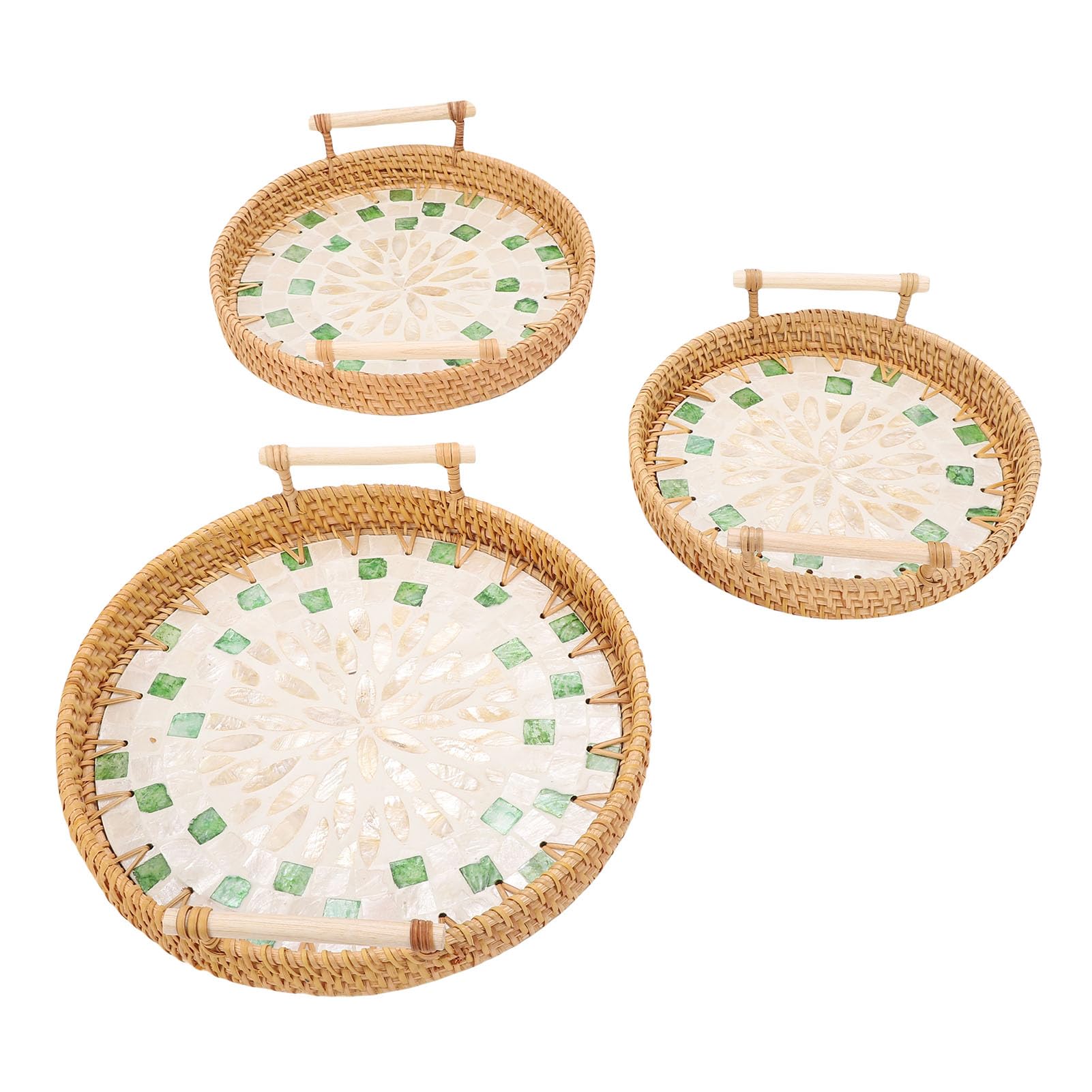 Bewinner 3 Piezas Bandeja Redonda de Ratán con Asas, Cesta Decorativa Tejida para Servir para Sala de Estar, Comedor, Decoración del Hogar - Madera Natural Hecha a Mano de Enredadera, Concha y Haya,