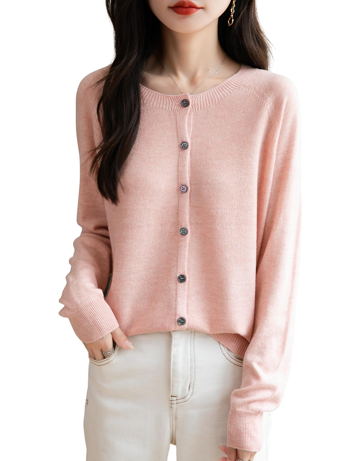 Womens Merino Wool Blend Cardigan Crew Neck Fall Winter Long Sleeve First-Line Ready to Wear Seamless Knit