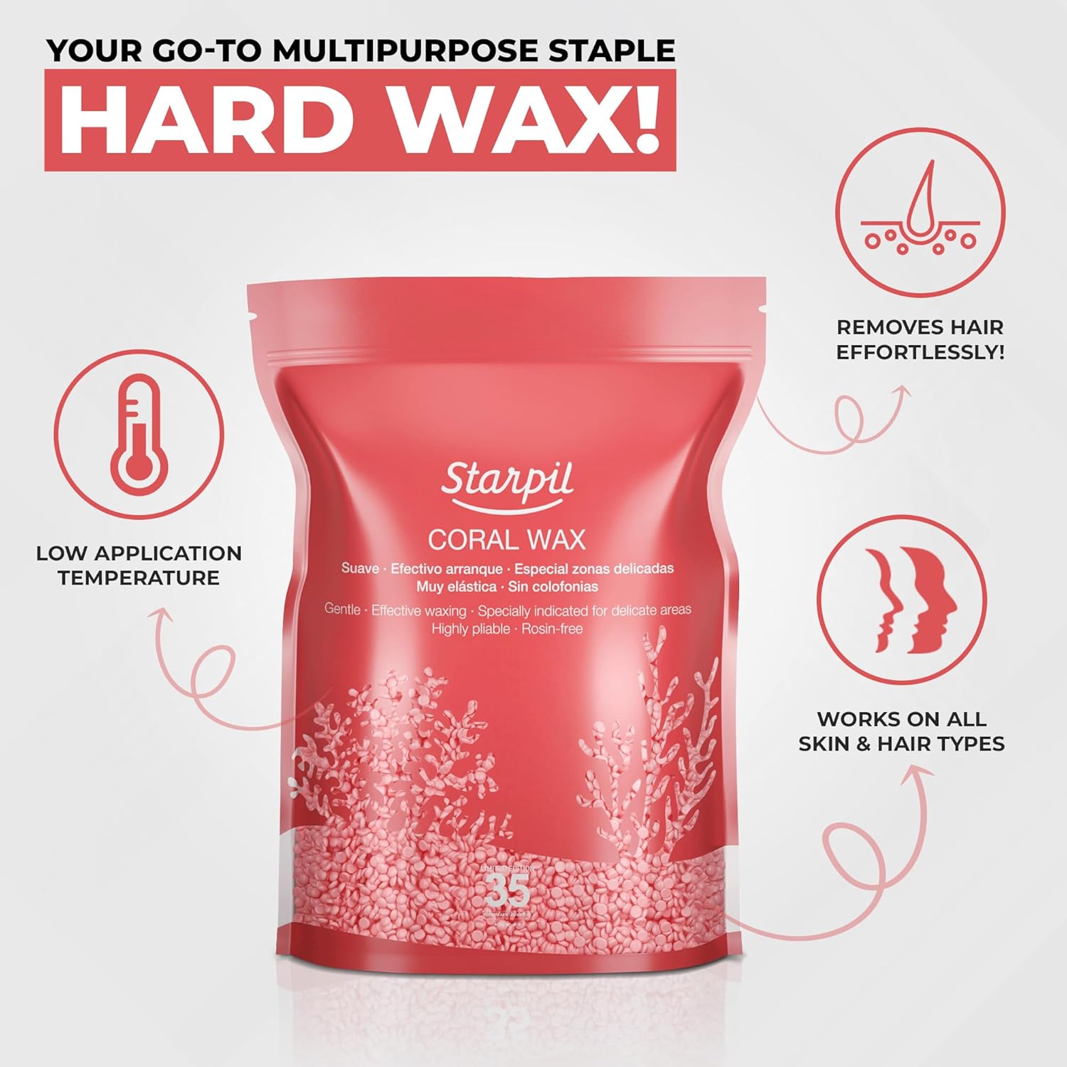 Starpil Wax 1000g / 2.2 lb Coral Hard Wax Beads for Painless Hair Removal, Stripless Wax Beads, Polymer Blend Low Temperature Wax for Face, Bikini, Brazilian, Legs, Underarm, Back and Chest