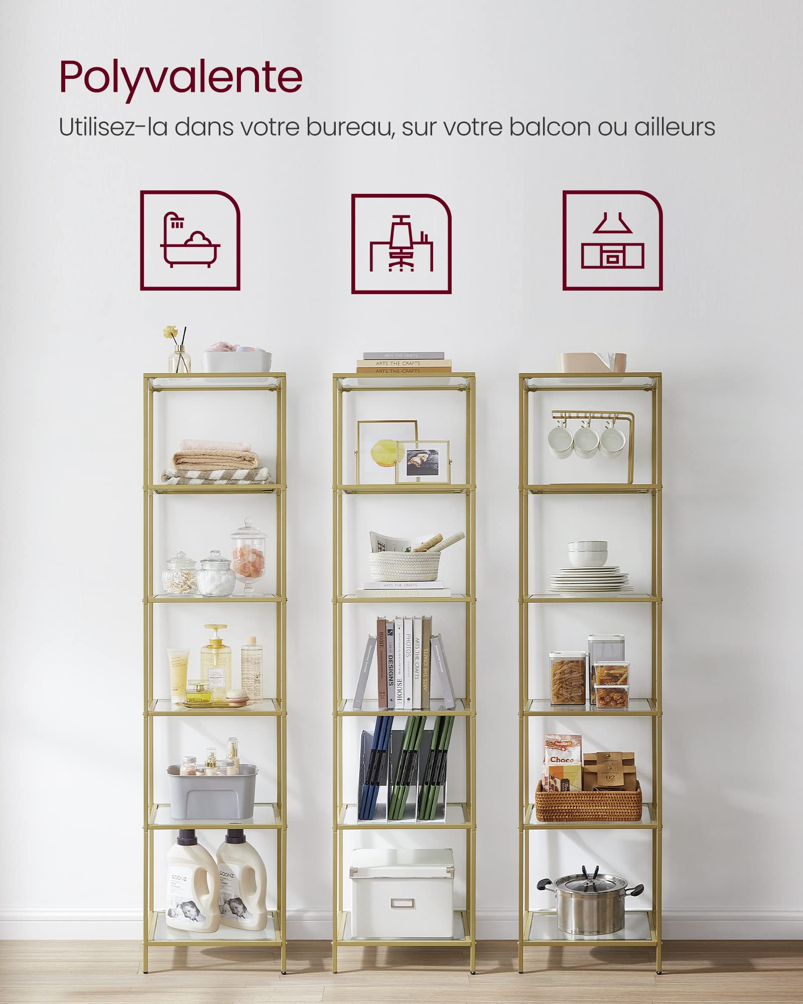 VASAGLE Étagère en Verre à 6 Niveaux, Bibliothèque, Étagère de Rangement, Verre Trempé, Facile à Monter, pour Salle de Bain, Salon, Chambre, Bureau, Doré LGT500A01