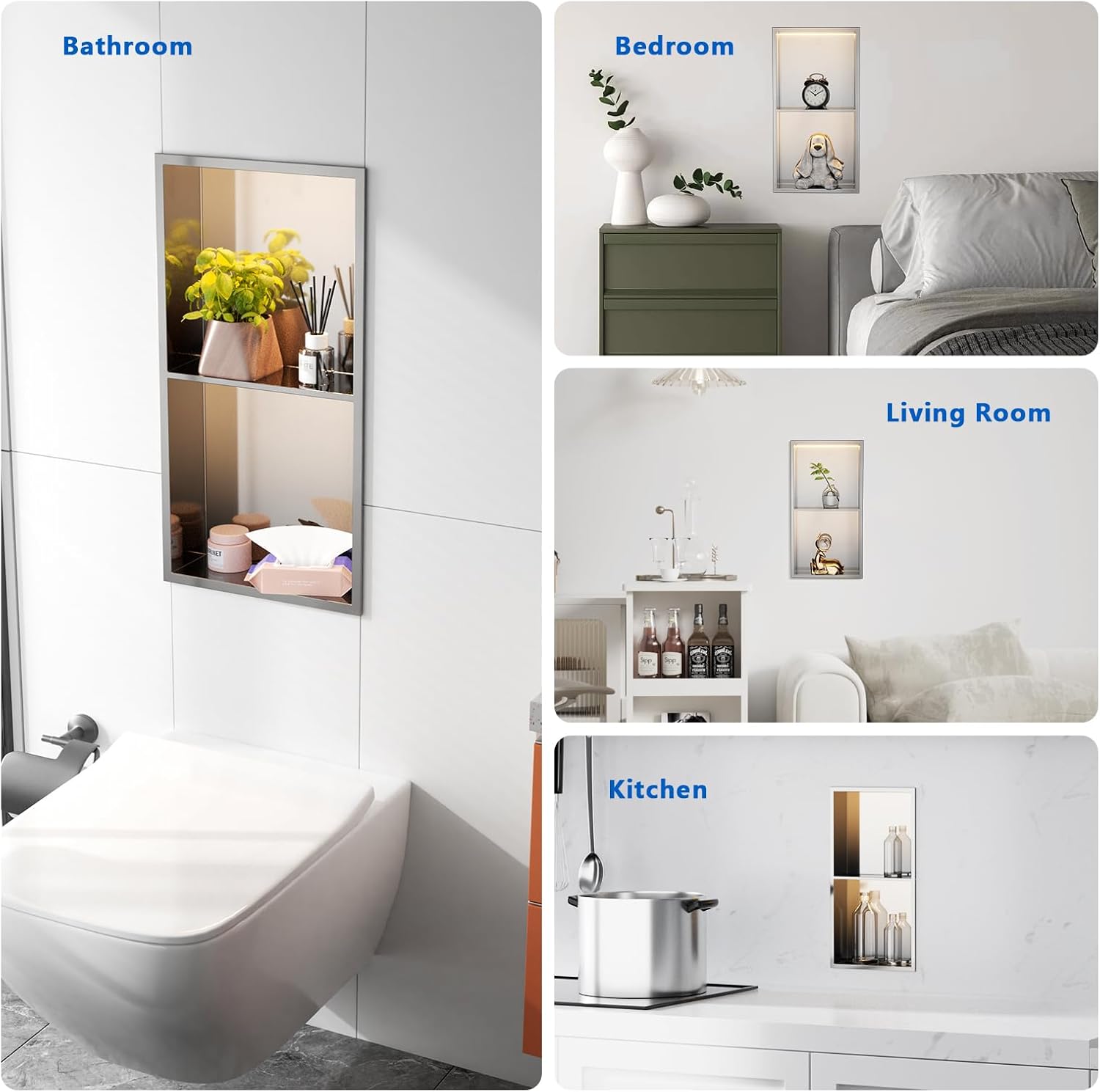 QAOYEDE 24"x12" Stainless Steel Shower Niche with LED Light, No Tile Needed Recessed Shelf, Wall Mount Bathroom Storage Organizer, Brushed Nickel