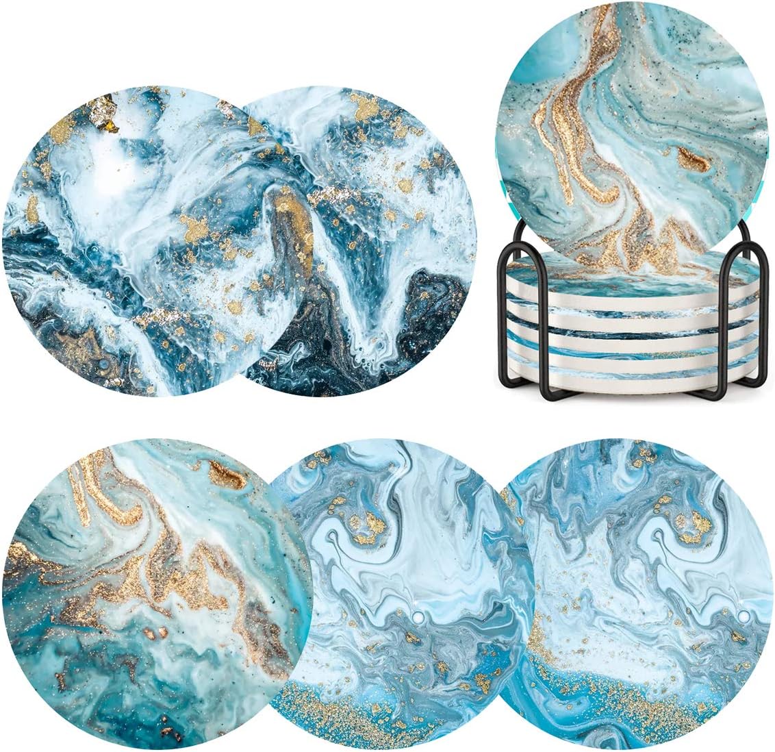 Coasters for Drinks with Holder Set of 6,Marble Blue Ocean Style Absorbent Ceramic Coasters with Cork Base,No Scratched and Soiled
