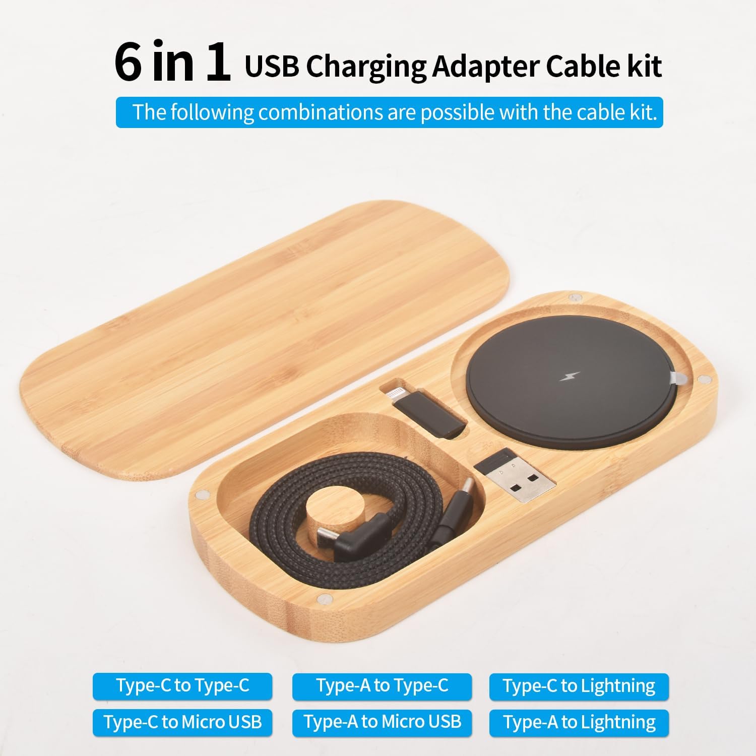 Multi Charging Adapter Kit, to USBC Adaptor,Type C to USB 3.0 OTG Converter, C to Micro iOS,Portable Case with 2Ft 60W Charger Cable for iPhone 16 15 Max Pro,Samsung Galaxy S25 Plus (6 Sets Bamboo)