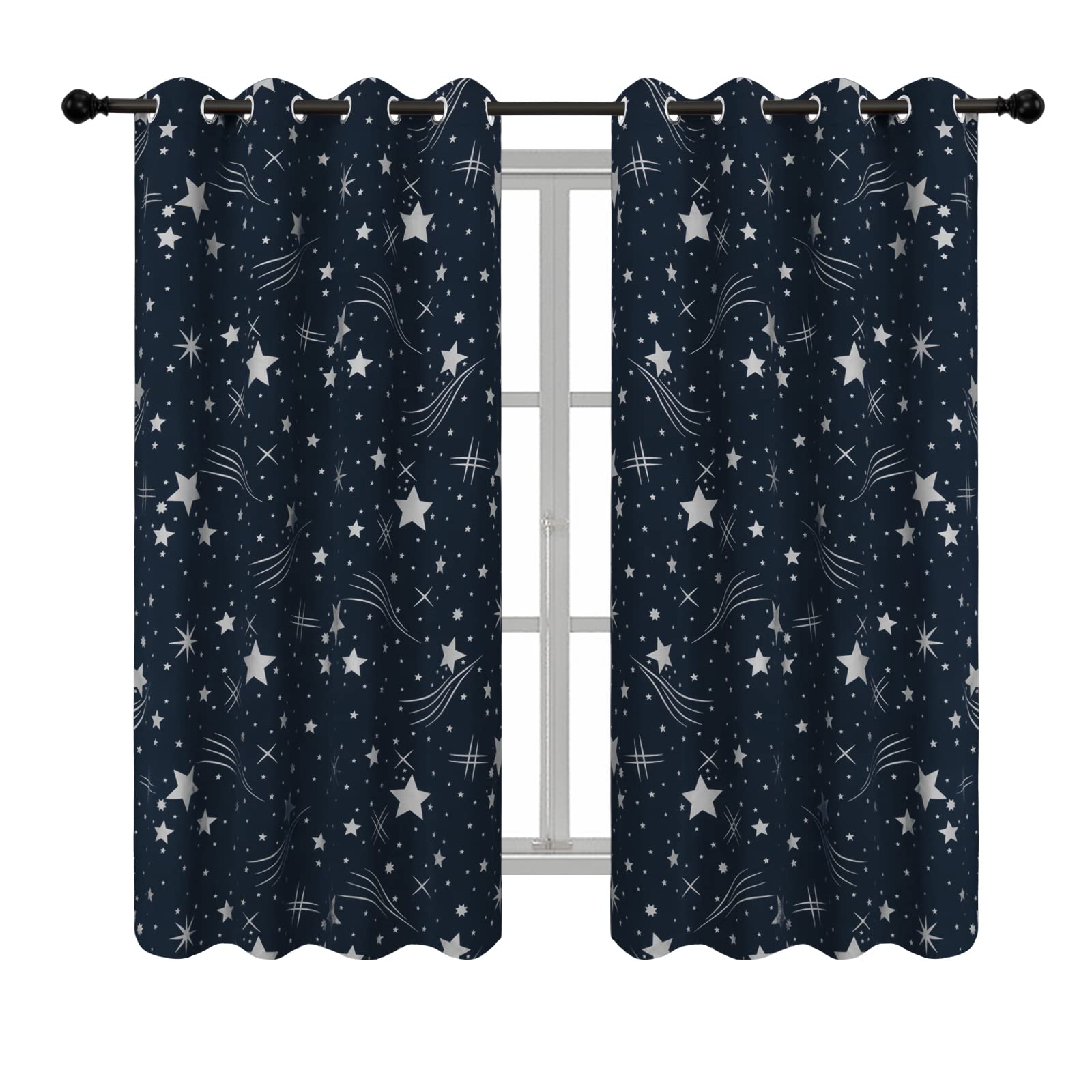 Easy-Going Blackout Curtains for Kids Room, Foil Star Room Darkening Curtains, Thermal Insulted Grommet Window Drapes for Nursery, 2 Panels, 52x63 in, Navy