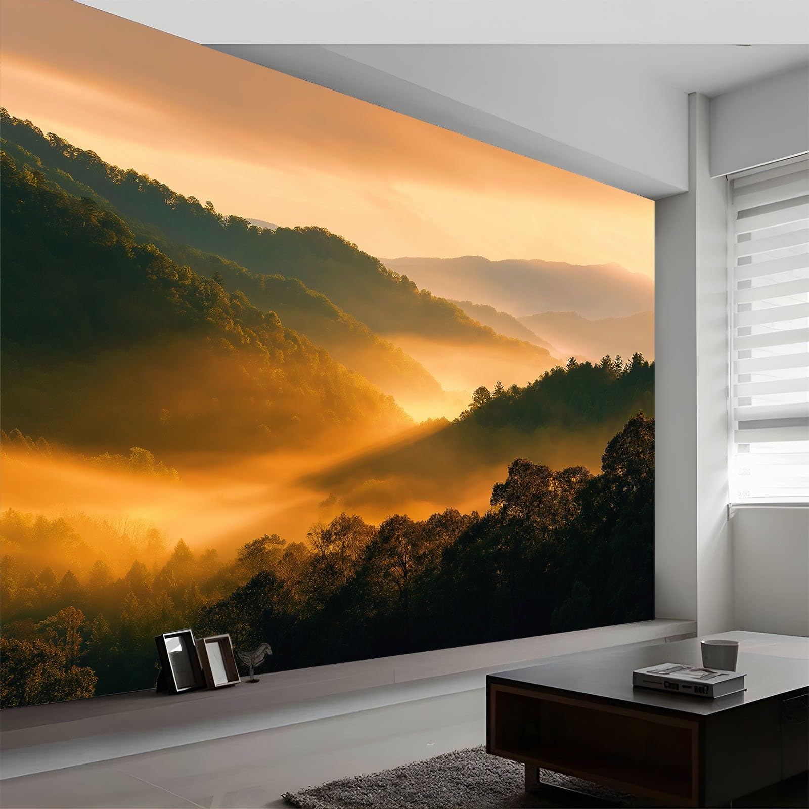 Panoramiczna tapeta krajobraz naturalny 350 cm x 256 cm, dekoracja ścienna salon mgła góry wschód słońca - tapeta nowoczesny design do pokoju dziecięcego dekoracja ścienna