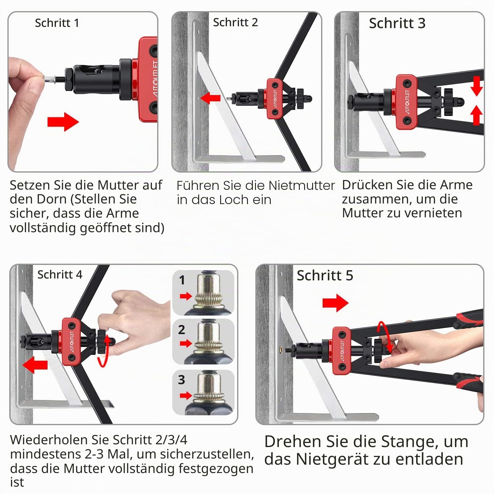 AUTOUTLET Nietmutternzange Set, 14" Profi Nietzangen Nietmutterzange mit 6 Austauschbare Dorne M3 M4 M5 M6 M8 M10 und 150PCS Nietmuttern, Gewindenietzange Nietmaschine Nietmutter Zange Werkzeug(Rot)