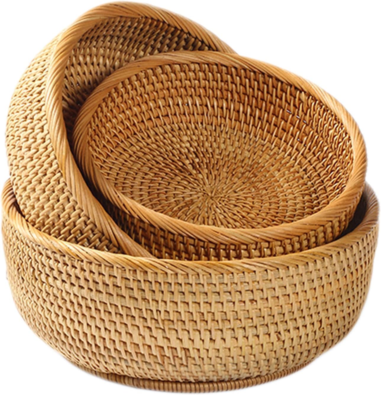Bread Serving Basket Round Rattan Woven Serving Tray Set of 3 Wicker Fruit Basket Handmade Decorative Rattan Bowl Baskets for Breakfast Drinks Snack for Coffee Table Home Decorative (A)