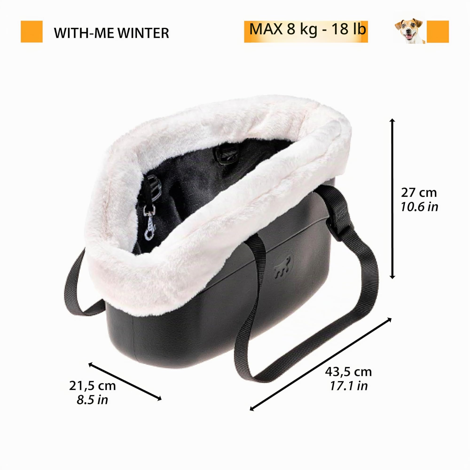 Ferplast Borsa per Cani Gatti fino a 8 Kg. Plastica Gommata Impermeabile e Lavabile, Imbottito con Caldo Peluche, Manici Regolabili, Cinghia di sicurezza, 43,5 x 21,5 x h 27 cm. Nero