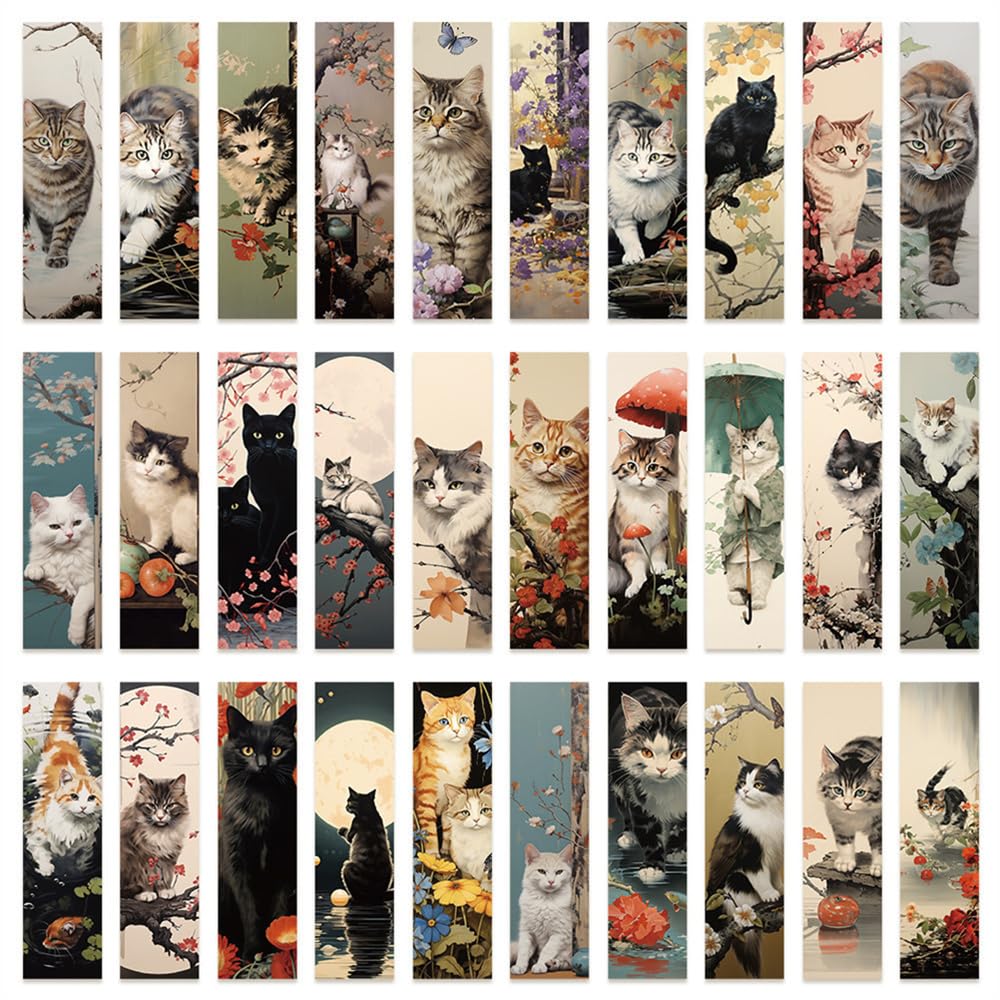 Meecaa 30 PCS Reading Bookmarks, Literary Art Paper Book Marks, Colorful Creative Book Accessories, Great Gifts for Book Lovers Woman Man, Students Reading Fans Reading Lovers (Cat)
