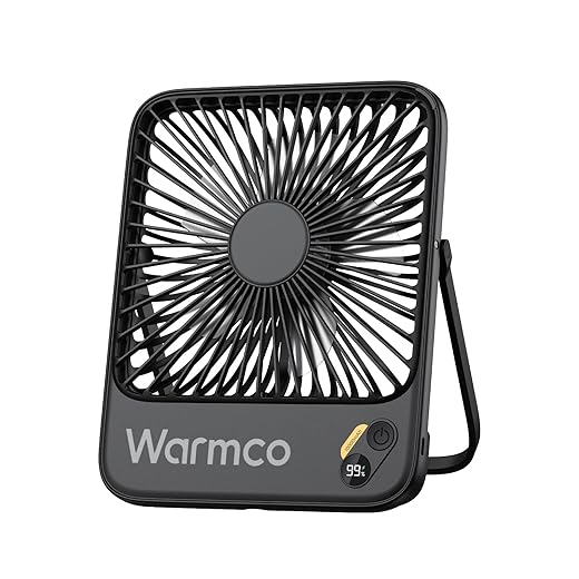 Warmco 10000mAh Portable Travel Fan 7-inch, Max 24H Runtime, Ultra-thin Quiet Rechargeable Battery Operated Desk Fan with Digital Display for Camping, Office, Bedroom, Cruise Essentials