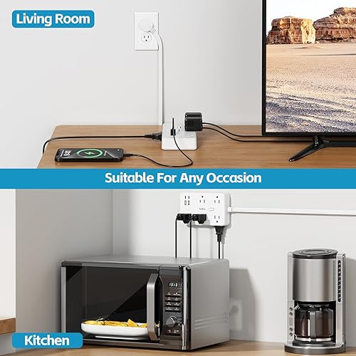 Miniatura 6 de Cable de extensión plano de 15 pies, 10 salidas de CA y 4 puertos USB (3.4A 17W), 1080J, estación de carga de escritorio para montaje en pared con