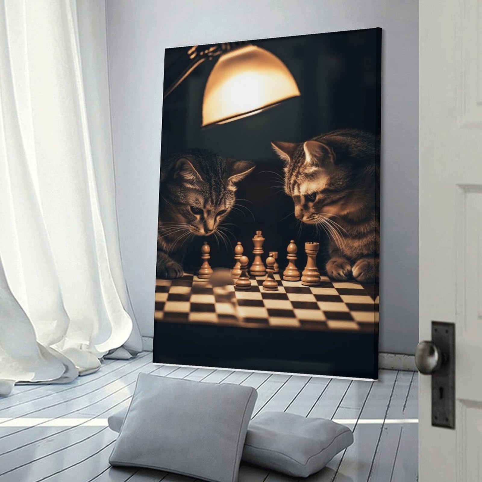 Junmoney Cats Playing Chess Decorative Wall Artwork 16x24inch(40x60cm), for Front Hall, Corridor Or Welcome Spaces, Decorative Wall Art for Narrow Spaces
