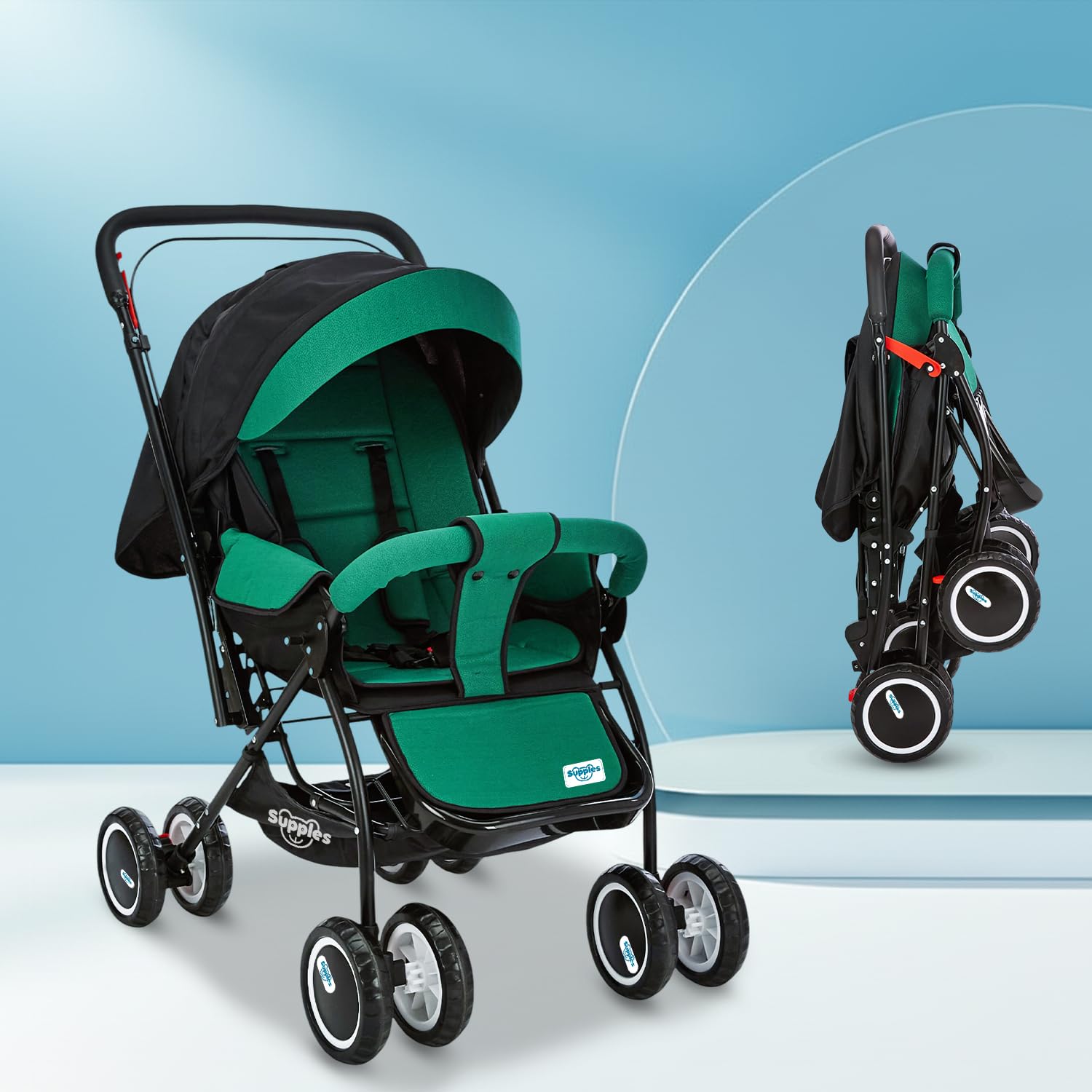 Amazon Brand – Supples Baby Stroller/Pram for Newborns & Toddlers (0–3 Years) | Foldable, 5-Point Safety Harness, Reclining Seat, Storage Basket, Adjustable Backrest, 360° Wheels | Green & Black