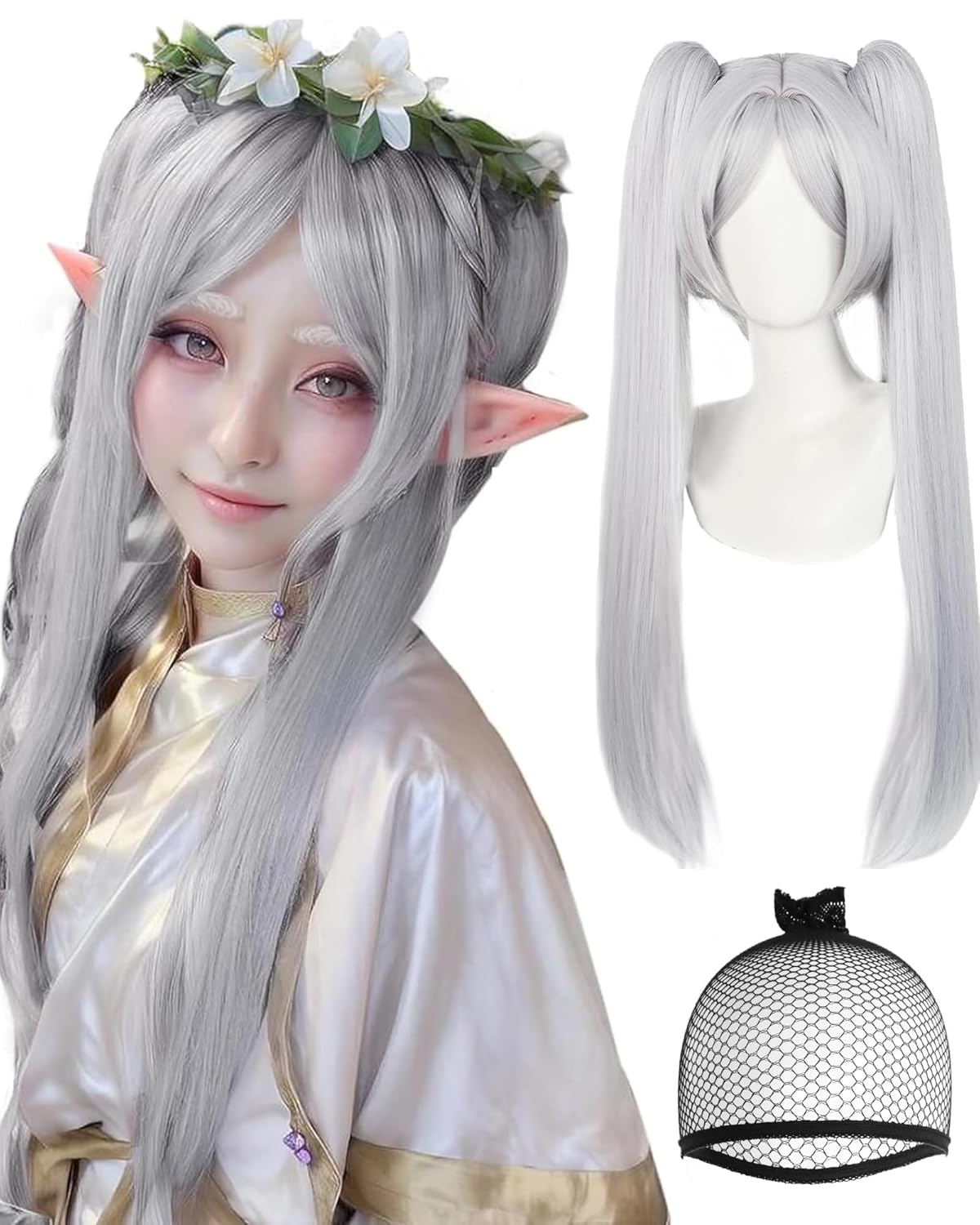 ANOGOL Hair Cap + Frieren Wig Cosplay White Ponytail Wig Women Long Straight Silver Synthetic Hair White Pigtails for Halloween Party Costume Outfit - Image 2