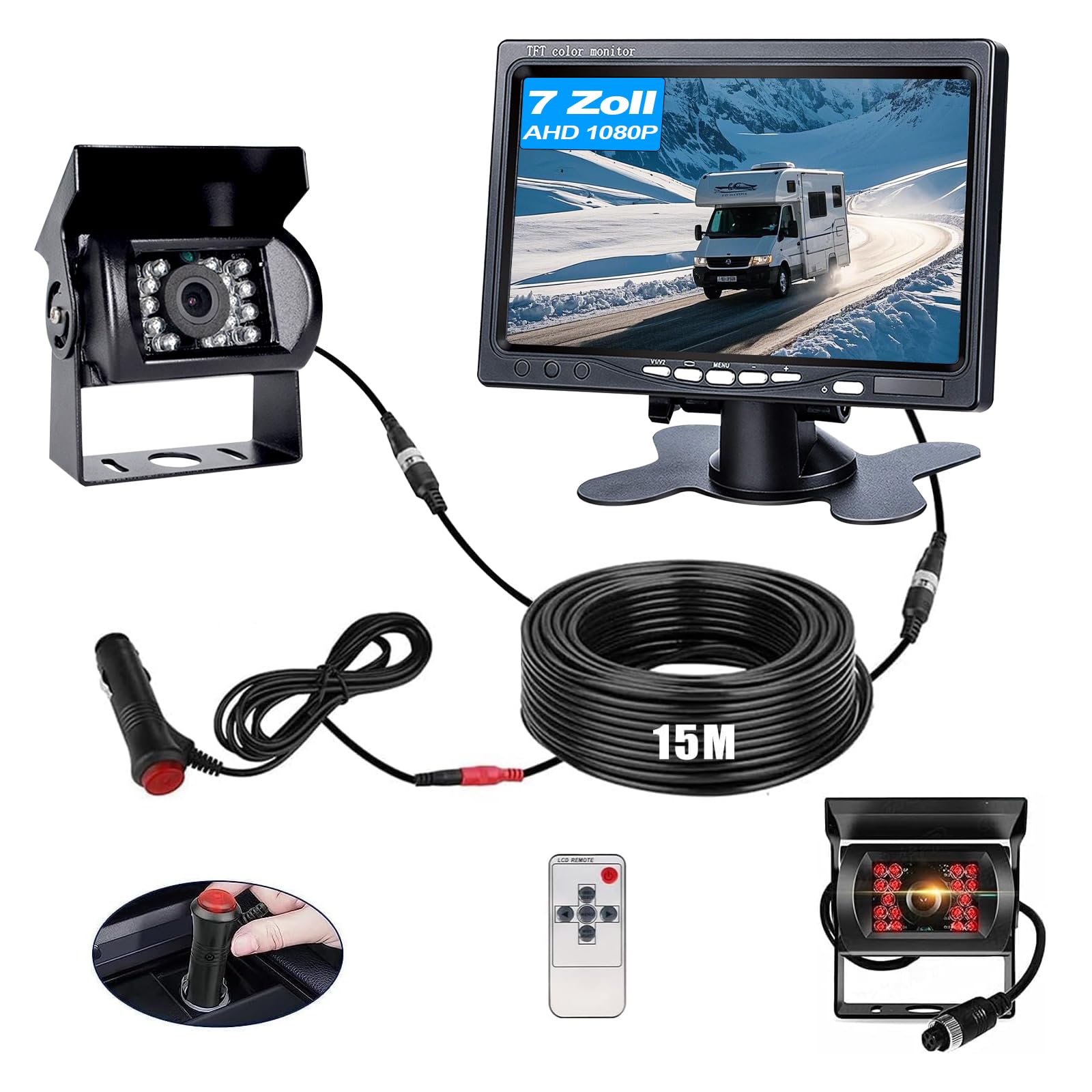 7 "1080P HD, visione notturna a infrarossi, IP69K, antipolvere, impermeabile, cavo da 15 m, supporta doppi canali, aiuto per parcheggio per camion/roulotte rimorchi