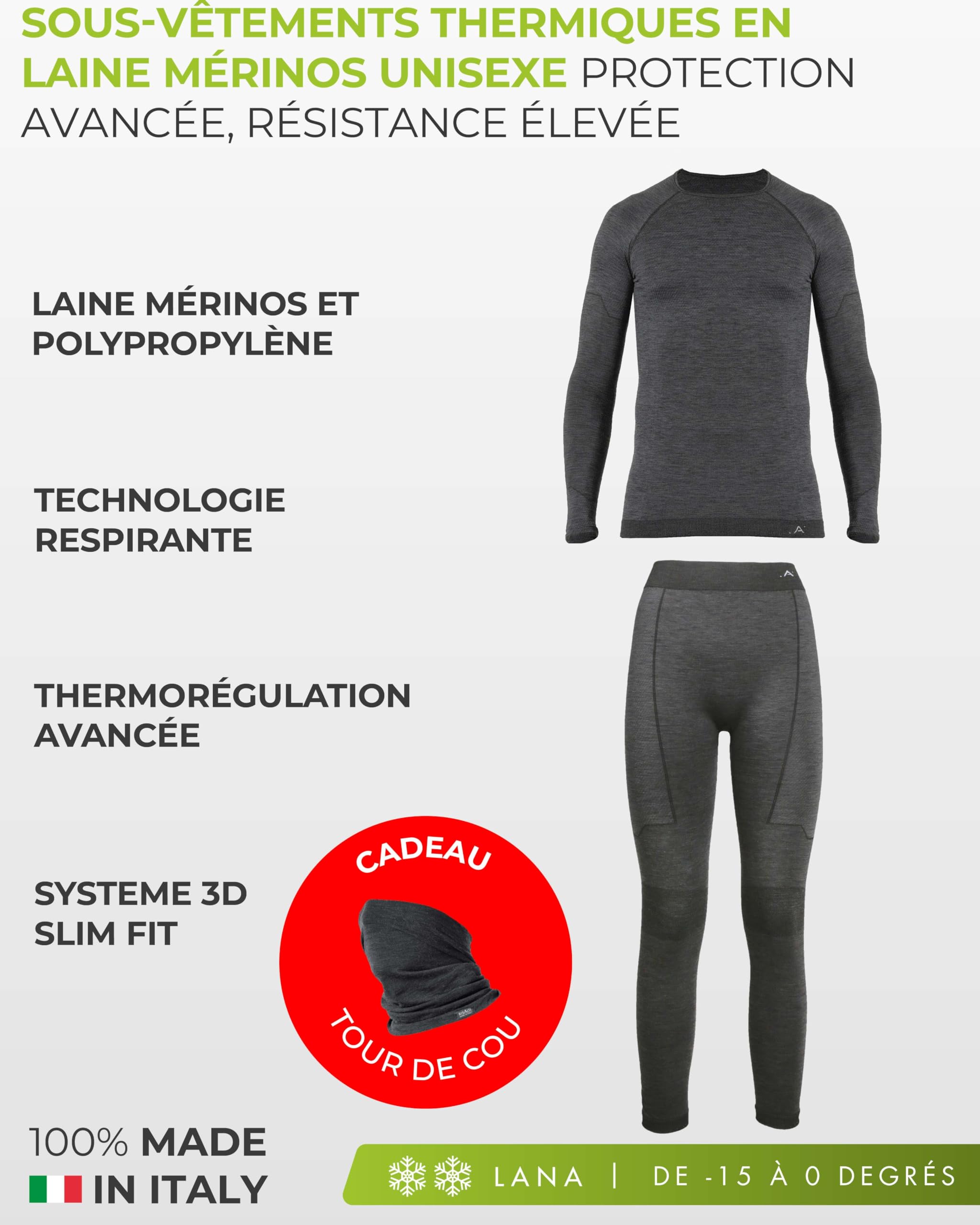 Risalti sous Vetement Thermique Homme et Femme Laine Merino – Ensemble Thermique Unisex Hiver avec Haut Et Collant en Laine Mérinos, Cache Cou Offert, Seamless, Thermorégulant – Made in Italy