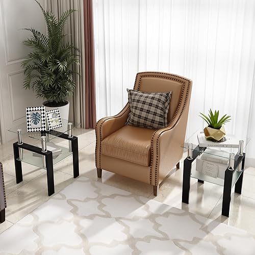 Miniatura 2 de Meihua Mesa auxiliar de cristal, mesa auxiliar cuadrada de cristal, mesita de noche moderna de 2 niveles con patas de metal para sala de estar y