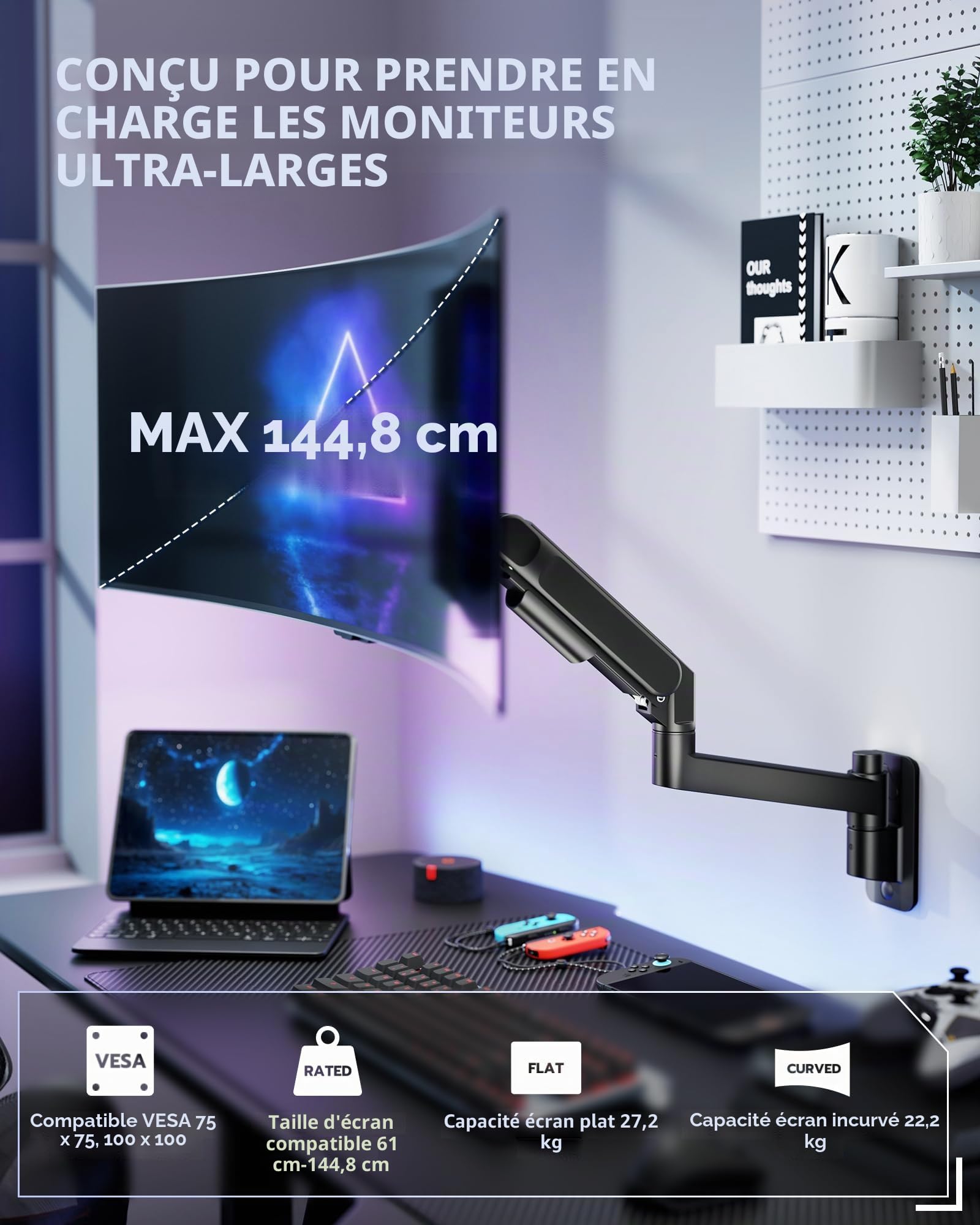 ARES WING Support Mural pour 1 Moniteur de 24 à 57", Noir