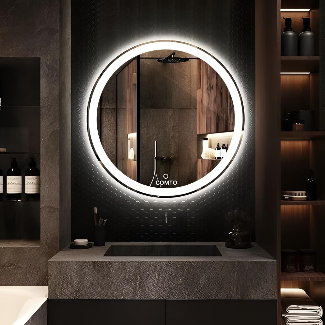COMTO Round 36 Inch Bathroom Mirror, Wall Mounted, Dimmable, Anti-Fog, Led Lighted with 3 Color Makeup Mirror (90 cm)