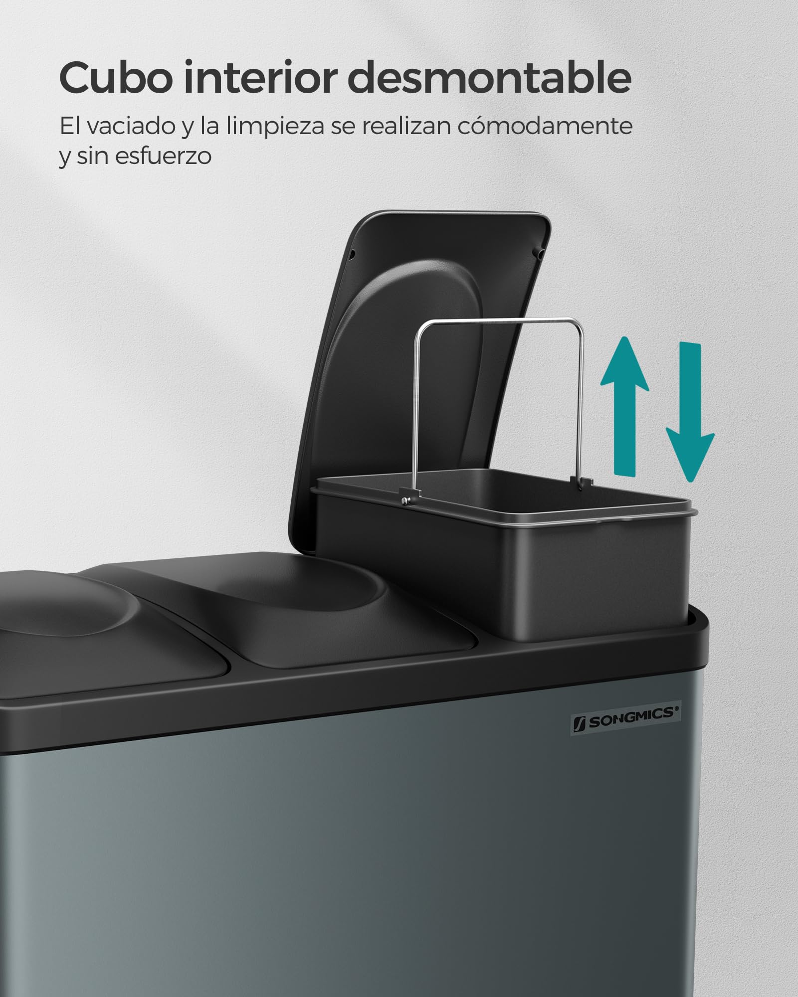 SONGMICS Cubo Triple para Cocina, Basurero de Reciclaje, Pedal, de Metal 45 L, Sistema de Separación de Residuos, 3 x 15 L, con Tapa, Acero, Gris LTB45G