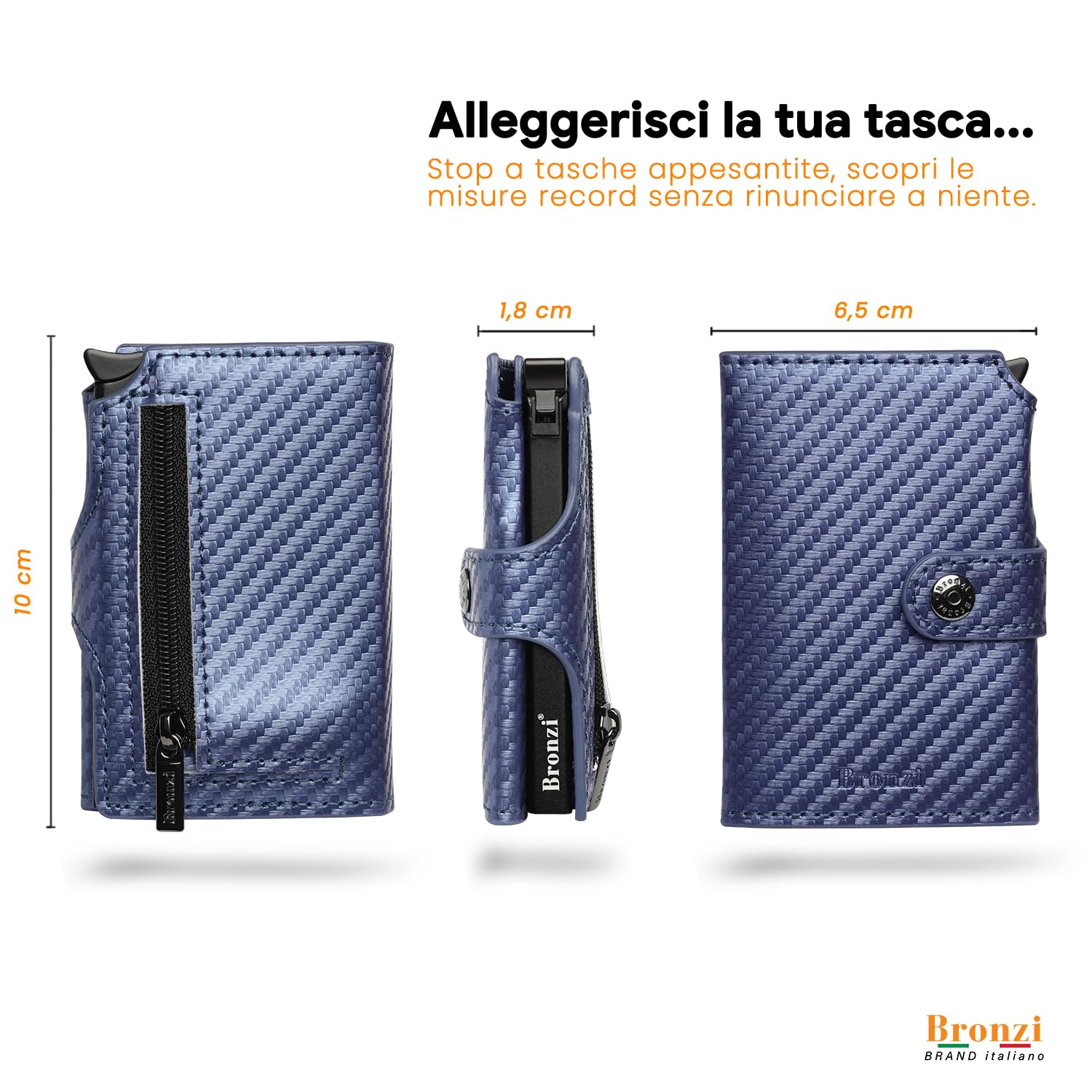 Bronzi Portafoglio Uomo Portafogli Uomo Piccolo Slim - Porta Carte Di Credito Uomo - Portacarte Con Portamonete - Regalo Uomo - Porta Tessere Portafogli Italiano (Blu Fibra Di Carbonio)