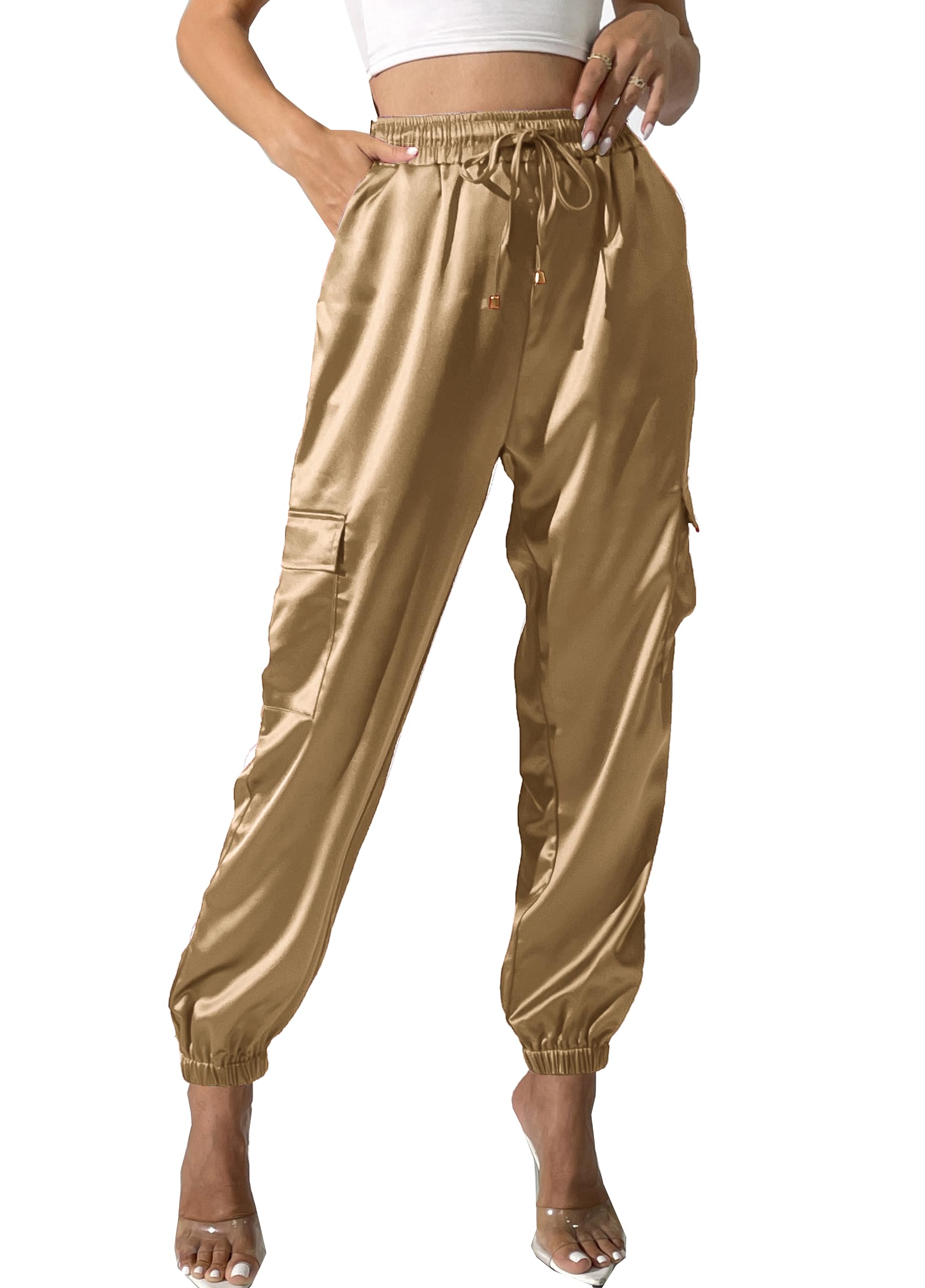 Pantalon de jogging cargo satin femme casual fluide et élastique