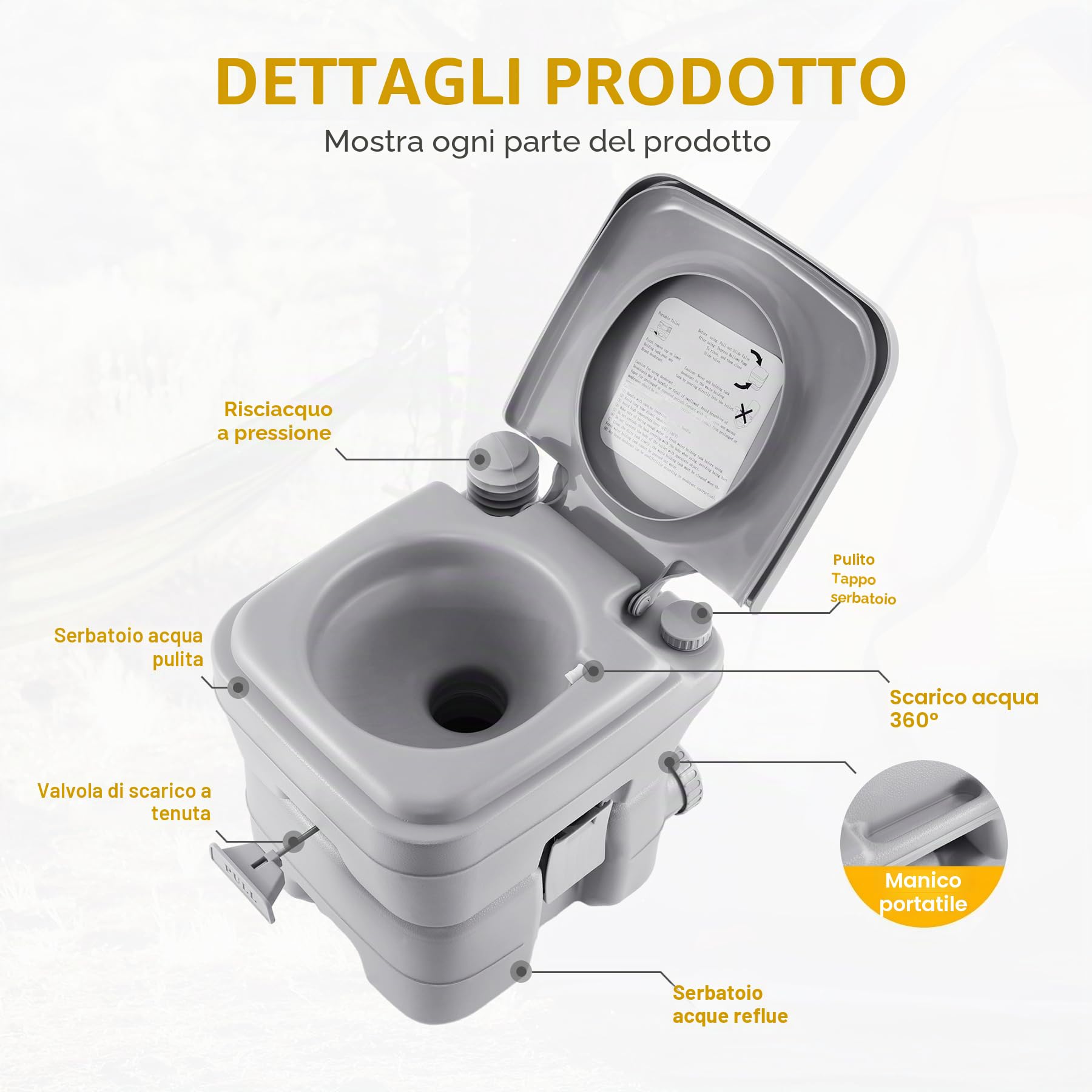 Samger 20L WC da Chimico Campeggio Toilette Portatile con Coperchio WC Staccabile Gabinetto Bagni Chimici capacità di Carico Massima 130KG WC Chimico Portatile per Casa, Camper