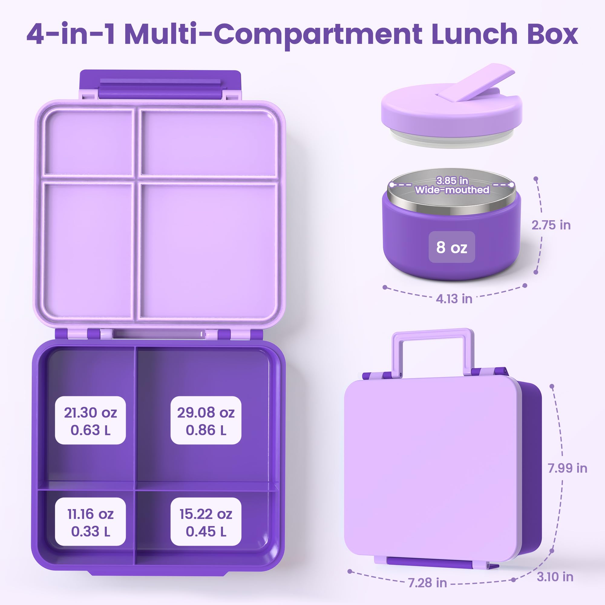Bento pudełko na lunch z termosem na zupę 230 ml, szczelne pojemniki na lunch z 4 przegródkami, termos na gorące jedzenie i izolowana torba na lunch do szkoły, fioletowe