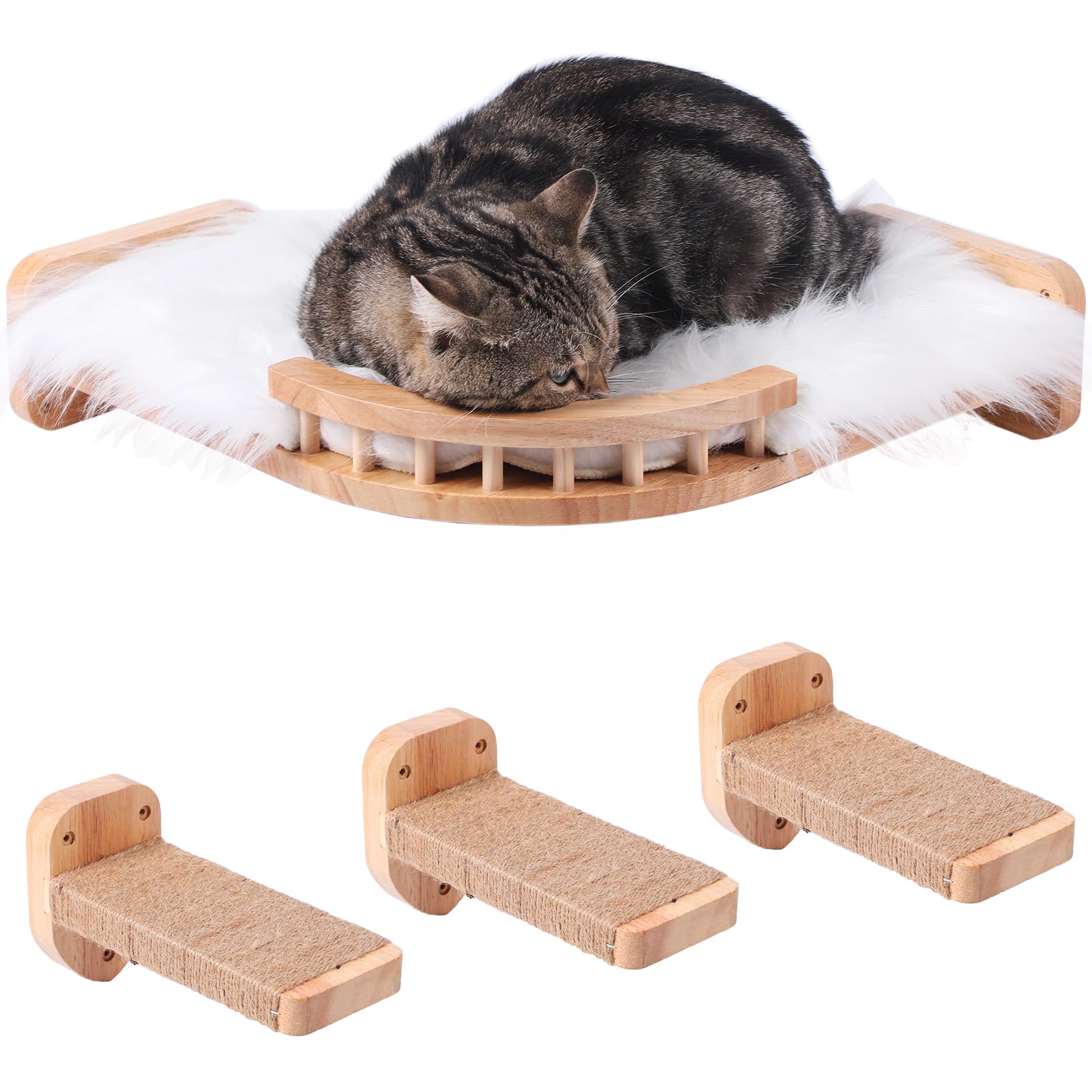 Coolex Cat Wall Shelves, Corner Cat Shelf with 3 Cat Wall Steps, Cat Shelves for Wall Large Cats Set, Cat Wall Bed with Plush Covered, Wall Mounted Cat Climbing Shelf for Indoor Cats (RubberWood)