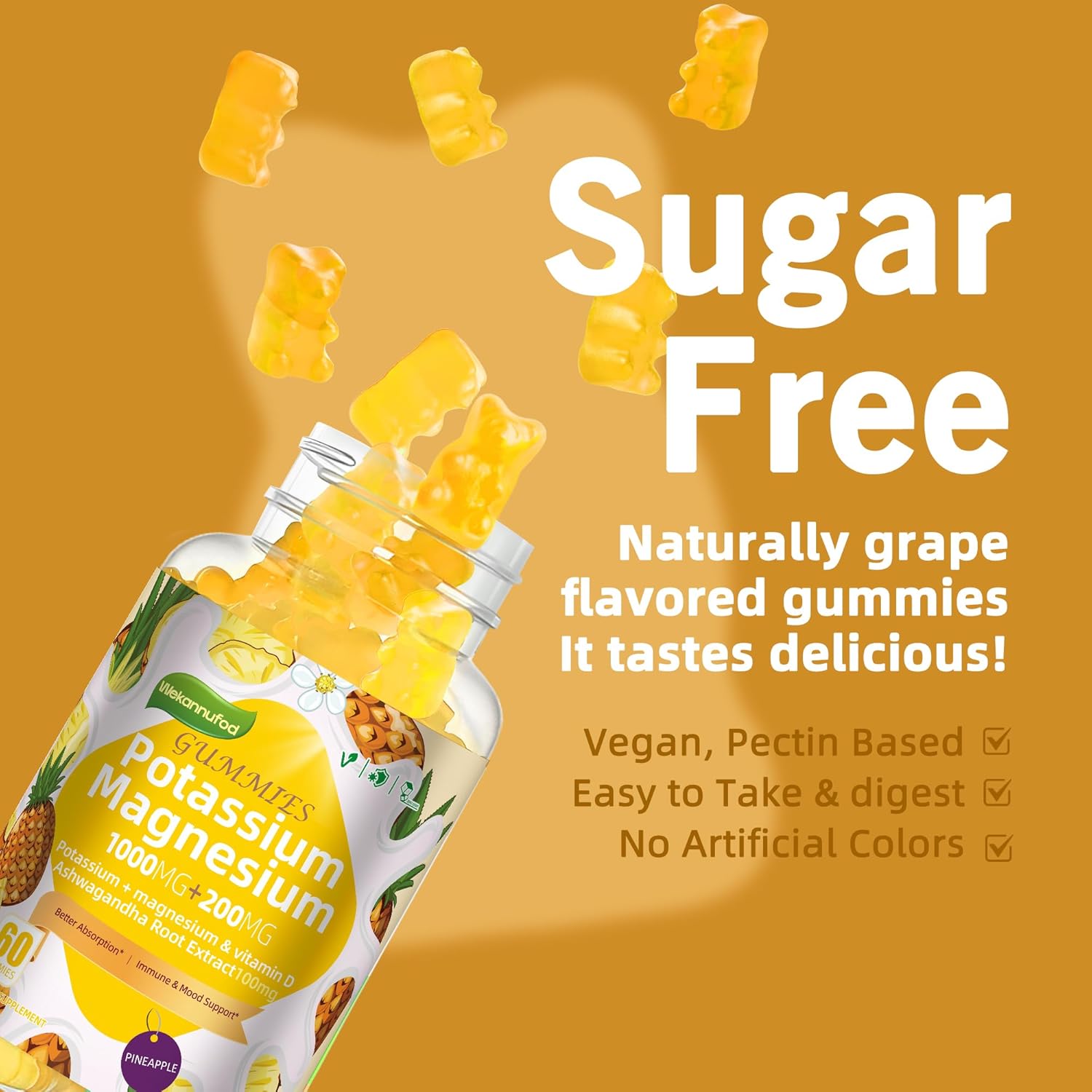 Potassium Magnesium Gummies,High Absorption Magnesium Glycinate,B6,D3,Potassium Citrate for Leg Cramps,Muscle,Electroyte for Adults Kids,Sugar-Free, 60 Gummies (Pineapple) - Image 6