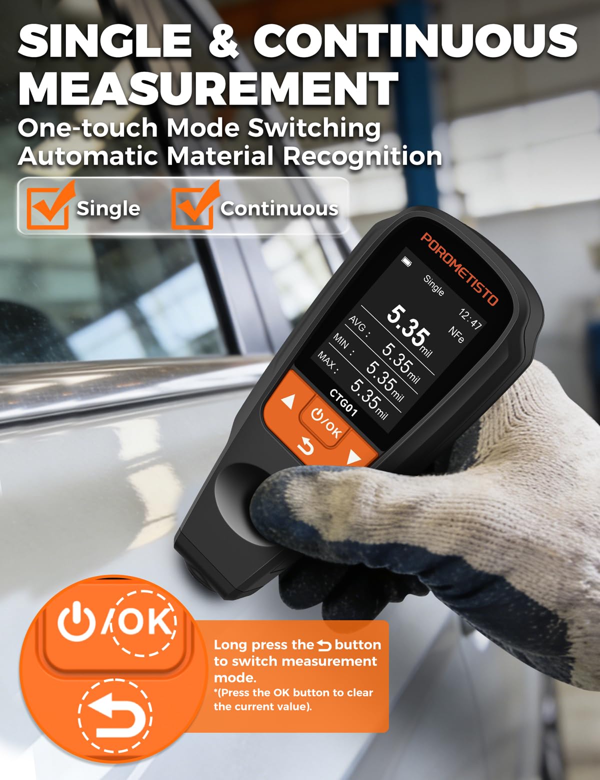 Lackdickenmessgerät Auto 0–2000μm – Fe/NFe Auto-Erkennung für Stahl & Alu