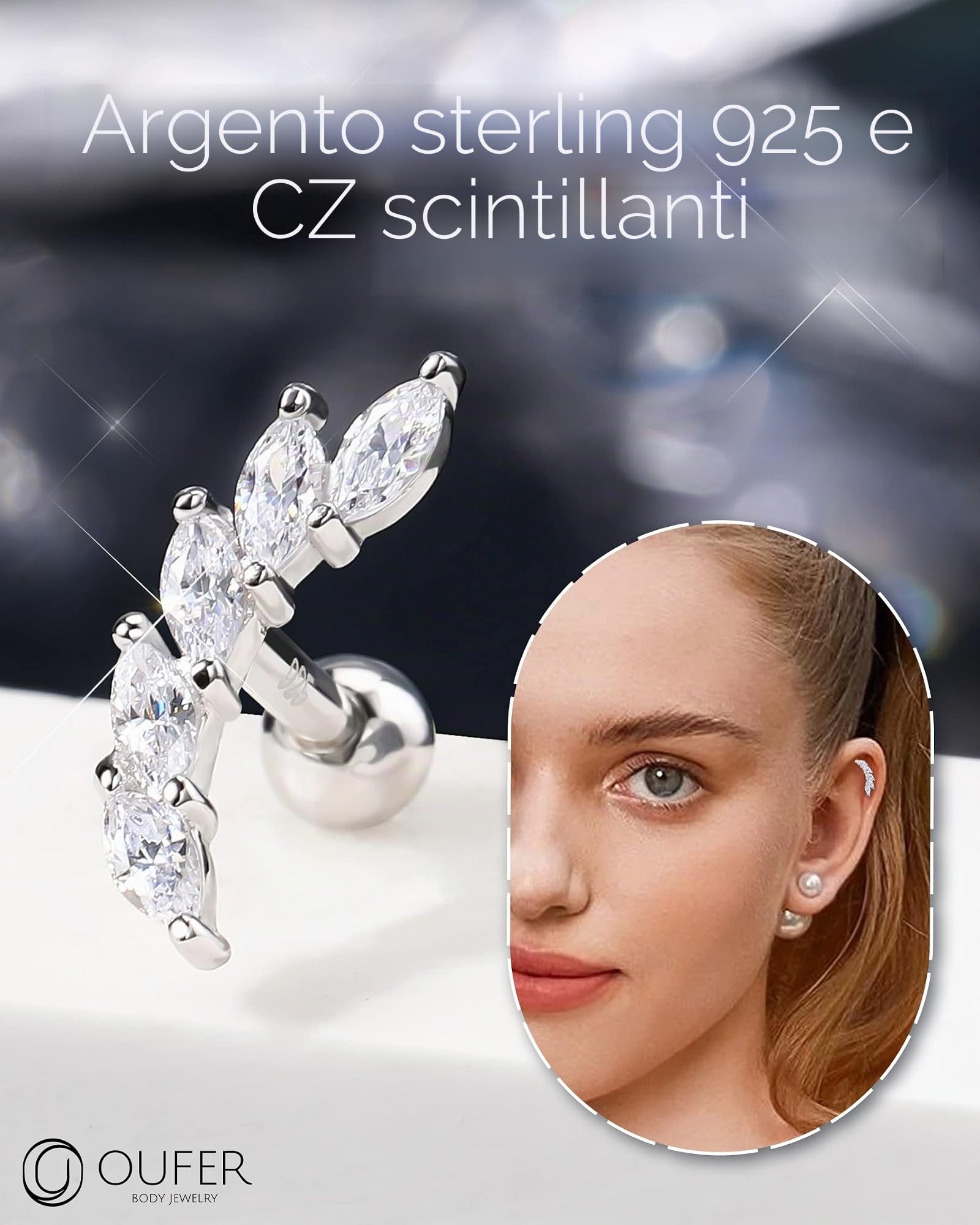 OUFER Helix Piercings Jewellery - Piercing a forma di conchiglia, in argento Sterling 925, per cartilagine e cartilagine, 16 G, AAA+, con zirconia cubica, regalo per donne e ragazze