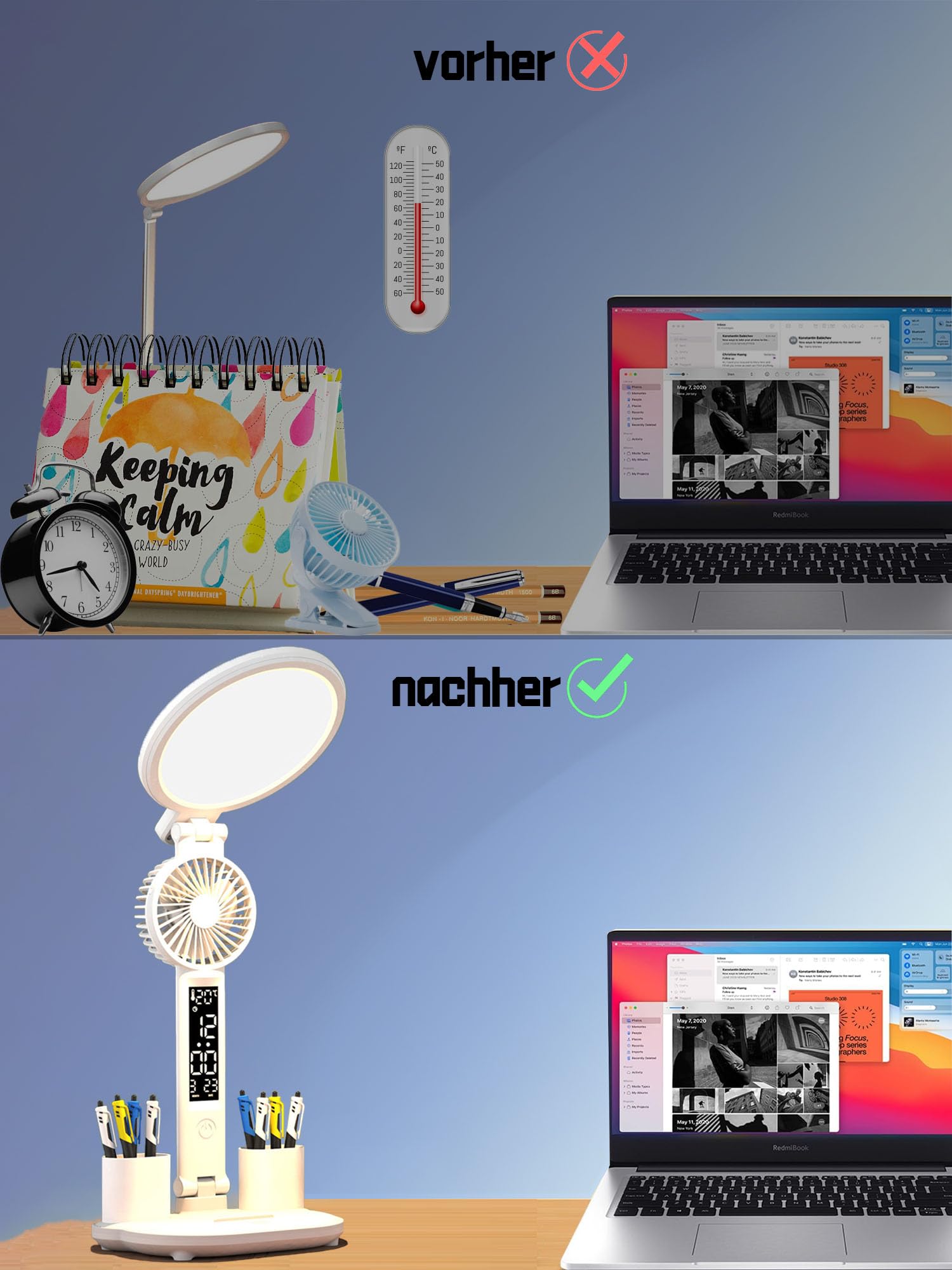 WLHONG LED Schreibtischlampe Kinder mit Ventilator,Dimmbare Nachttischlampe Kinder mit Uhr Stifthalter Kalender Temperatur,3 Farbtemperaturstufen Leselampe für Mädchen Jungen (Runder) : Amazon.de: Beleuchtung