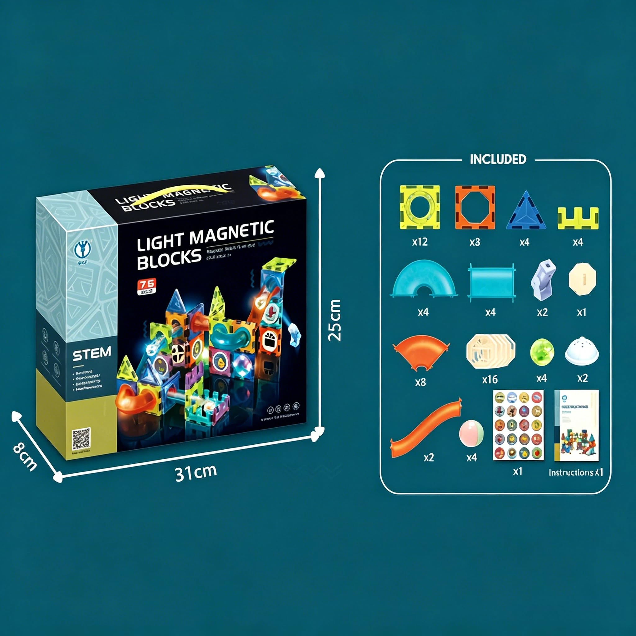 Magnetyczne klocki 75 elementów, zestaw klocków magnetycznych z efektami świetlnymi | Gra magnetyczna 3D z oświetleniem LED i magnetyczną kulką, pedagogiczna zabawka STEM dla chłopców i dziewczynek od 3 lat