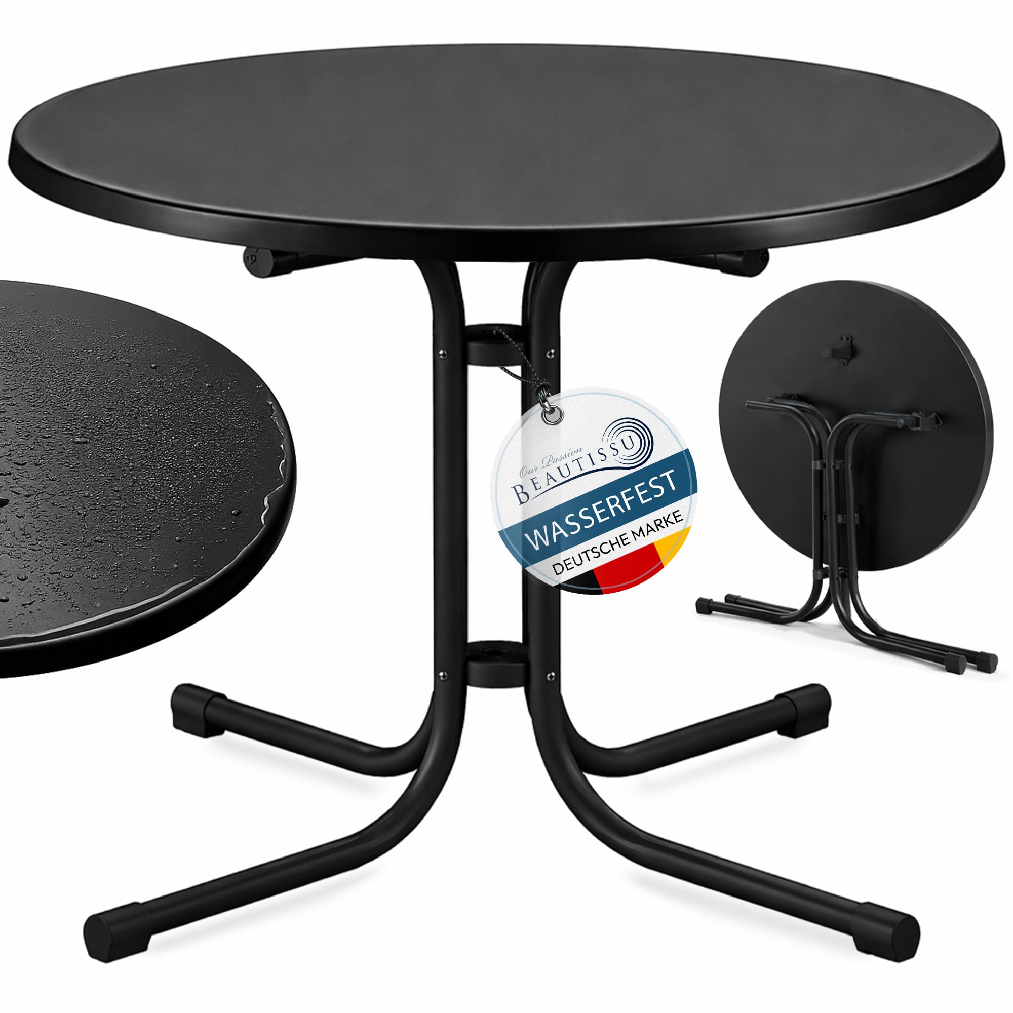 Beautissu Bistrotisch Outdoor Rund Ø 80 cm Wasserfest – Beistelltisch Balkontisch Wetterfest Gartentisch Rund Klappbar 70 cm hoch – Campingtisch Partytisch Esstisch Gastro – Schwarz Bistroni