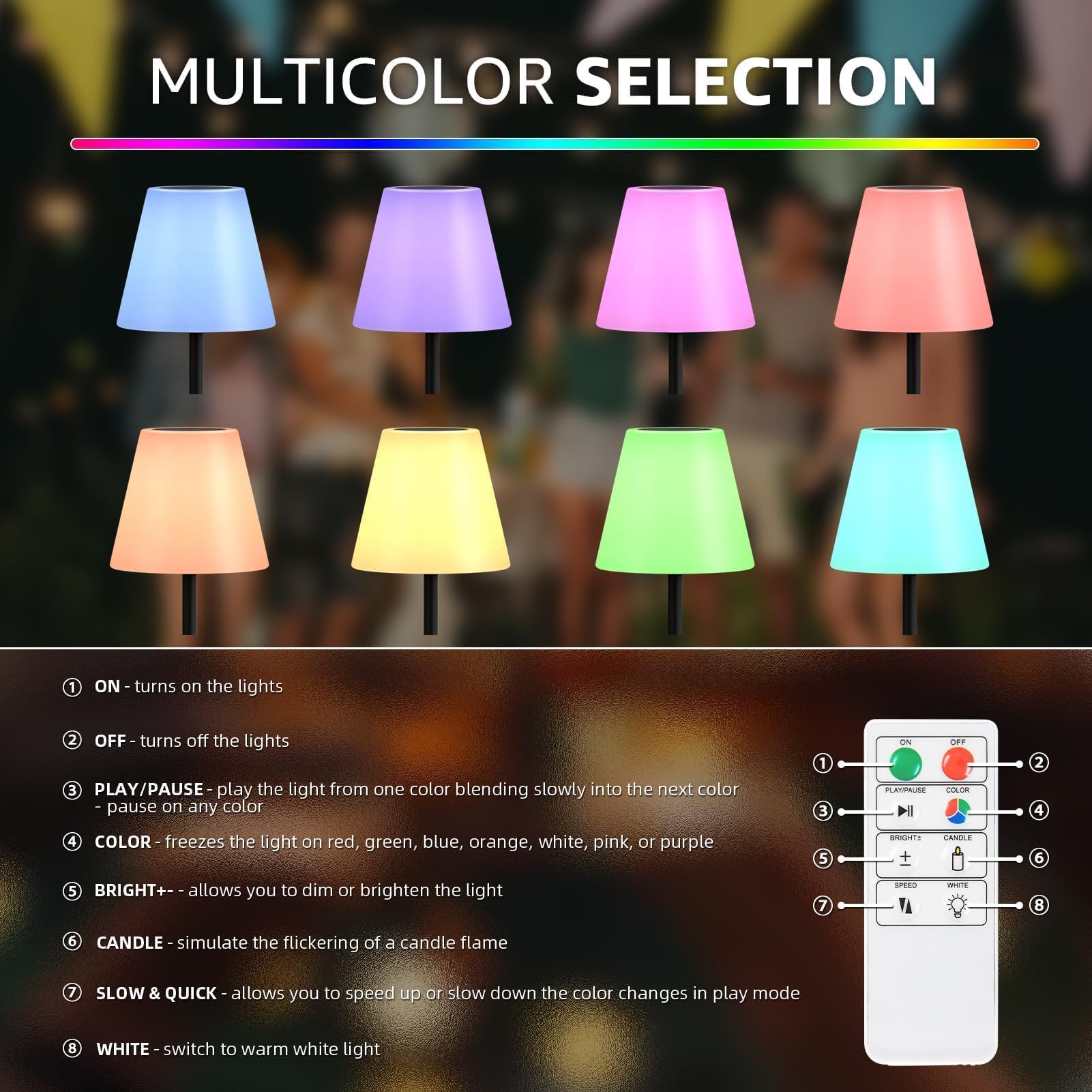 Lámpara solar de pie para exteriores, recargable por USB, inalámbrica, regulable, RGB de color blanco cálido, luces LED para patio, jardín, patio