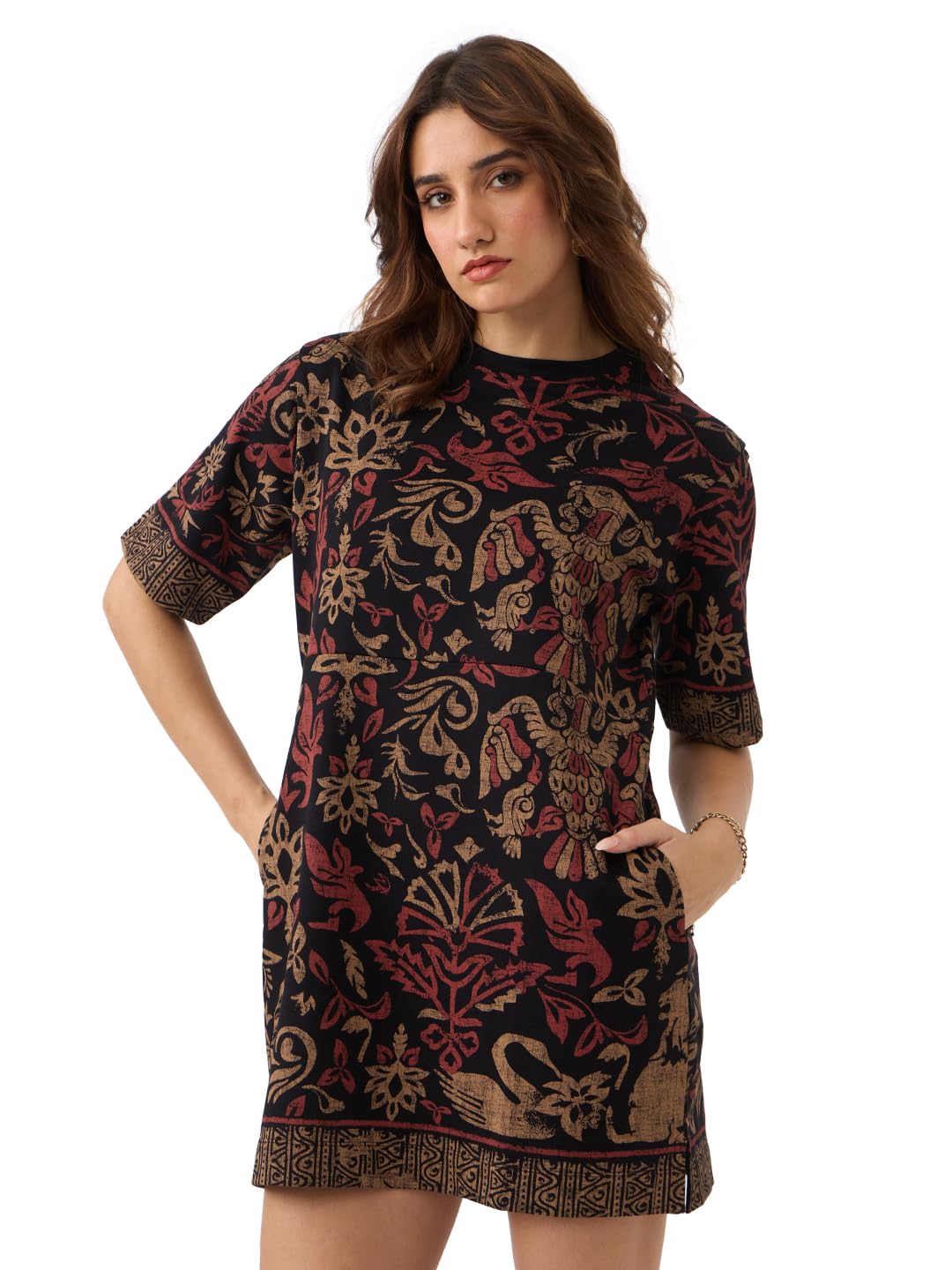 The Souled Store Nomad: Grace Women and Girls Short Sleeves Round Neck Black Abstract Printed Cotton Casual Everyday Mini Oversized T-Shirt Dress in black