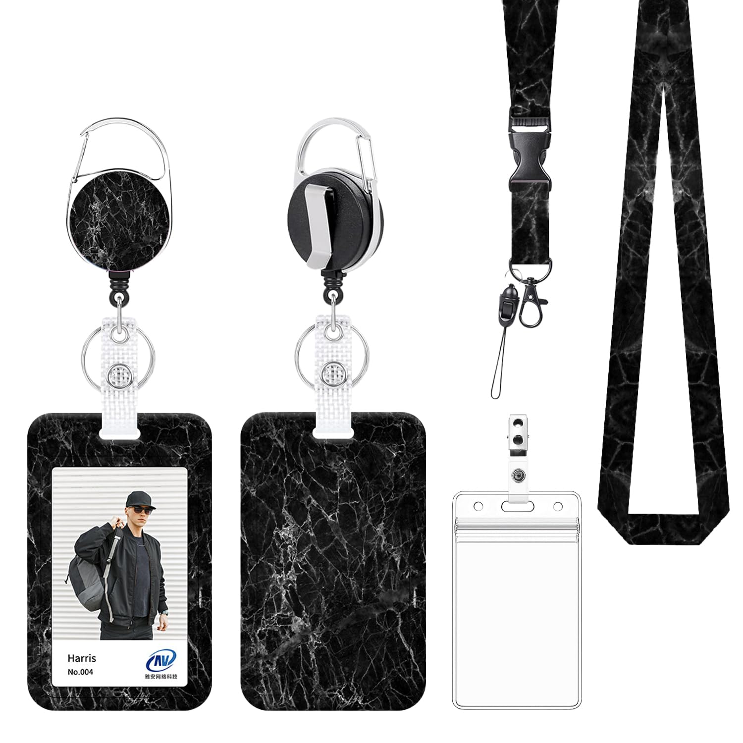 Fashionable ID Badge Holder Lanyard Set - Retractable Badge Reel with Carabiner Clip & Detachable Strap, Vertical Card Protector for Teacher, Doctor, Nurse & Student (Black 2) — image 1