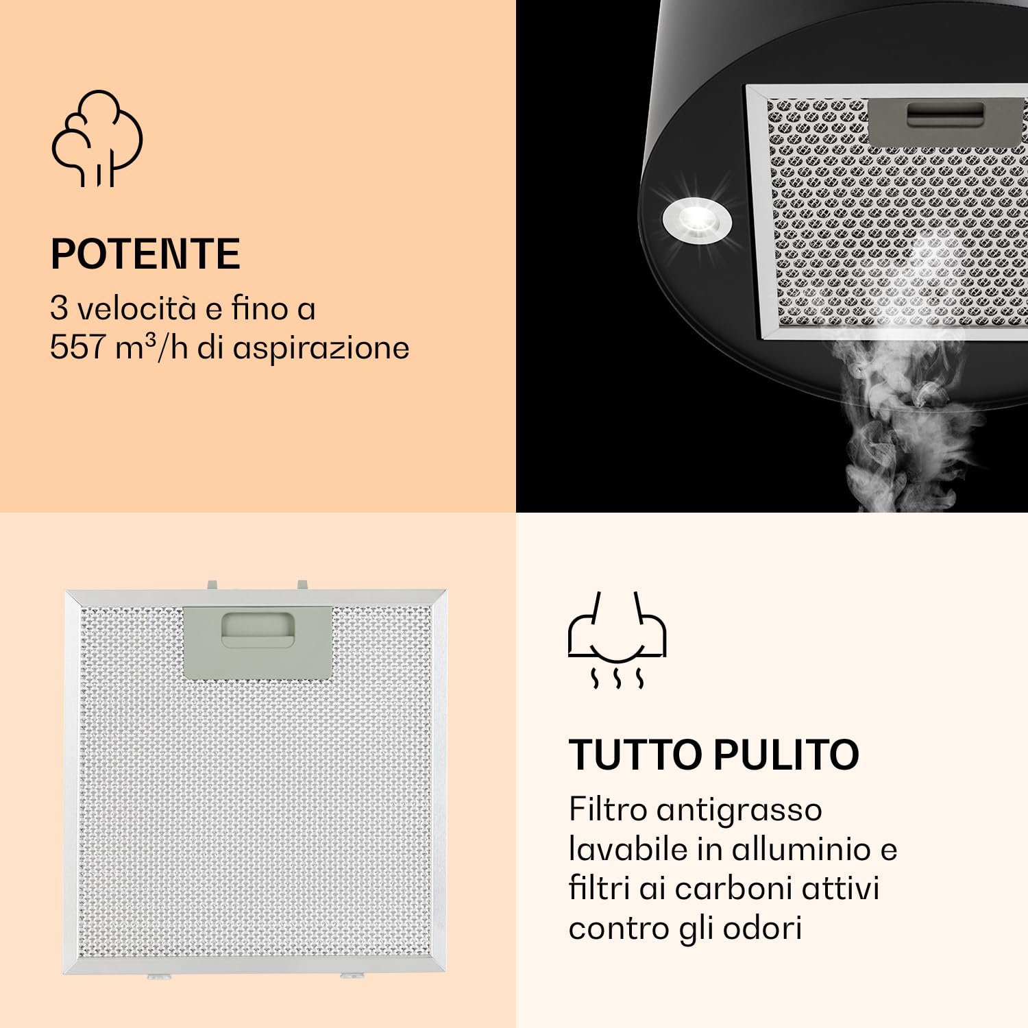Klarstein Barella - Cappa aspirante, 557 m³/h ricircolo, LED, filtri a carbone, 35 x 93 x 43 cm, Nero