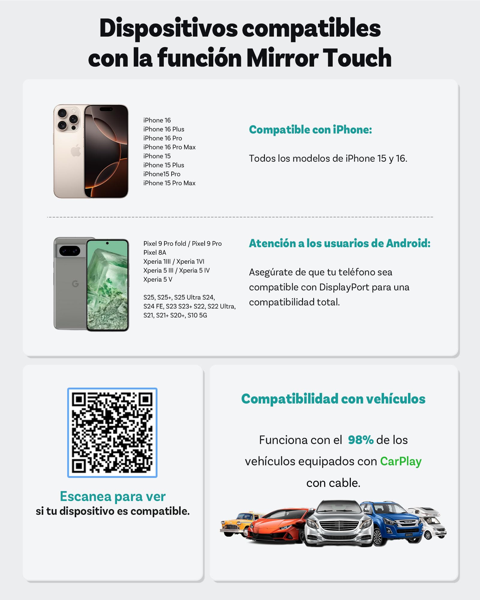 Ottocast Mirror Touch 2025 – Adaptador CarPlay inalámbrico con Espejo bidireccional y Control táctil – para Coches con CarPlay por Cable – Ver Netflix, TikTok, Youtube – Plug & Play