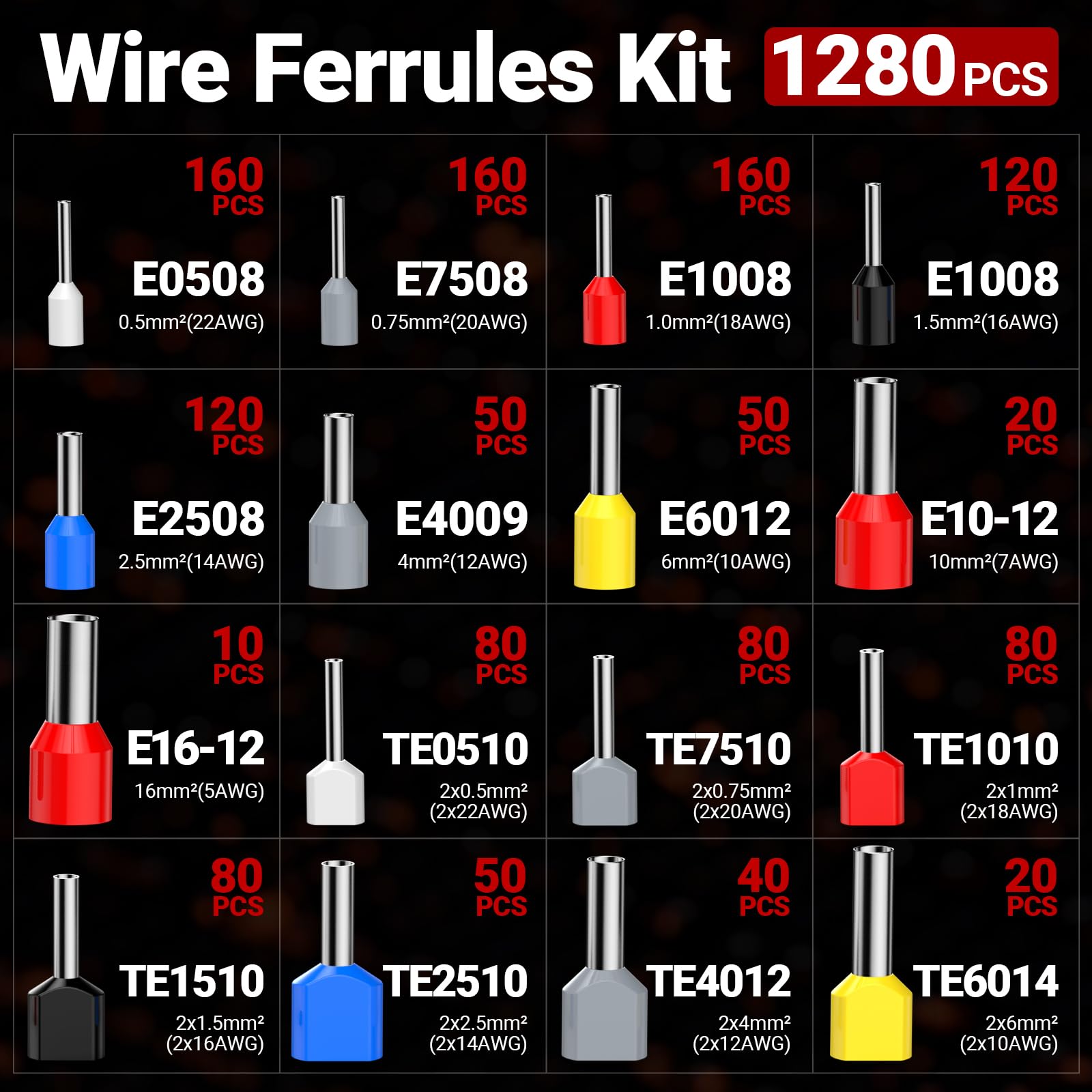 Kit de crimpadora de virola de alambre con 1280 casquillos, 0,08-16 mm² AWG 28-5 herramienta de crimpado de virola de trinquete, crimpadora de terminales de alambre con virolas y alicates de crimpado
