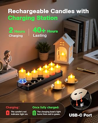 SoulBay SoulBay Flameless Candles with Remote Timer & Charging Base, 12pcs USB Rechargeable Battery Flickering LED Small Votives Lights for Table Dinner Weddings Holidays General Decor, No Battery Required photo 5