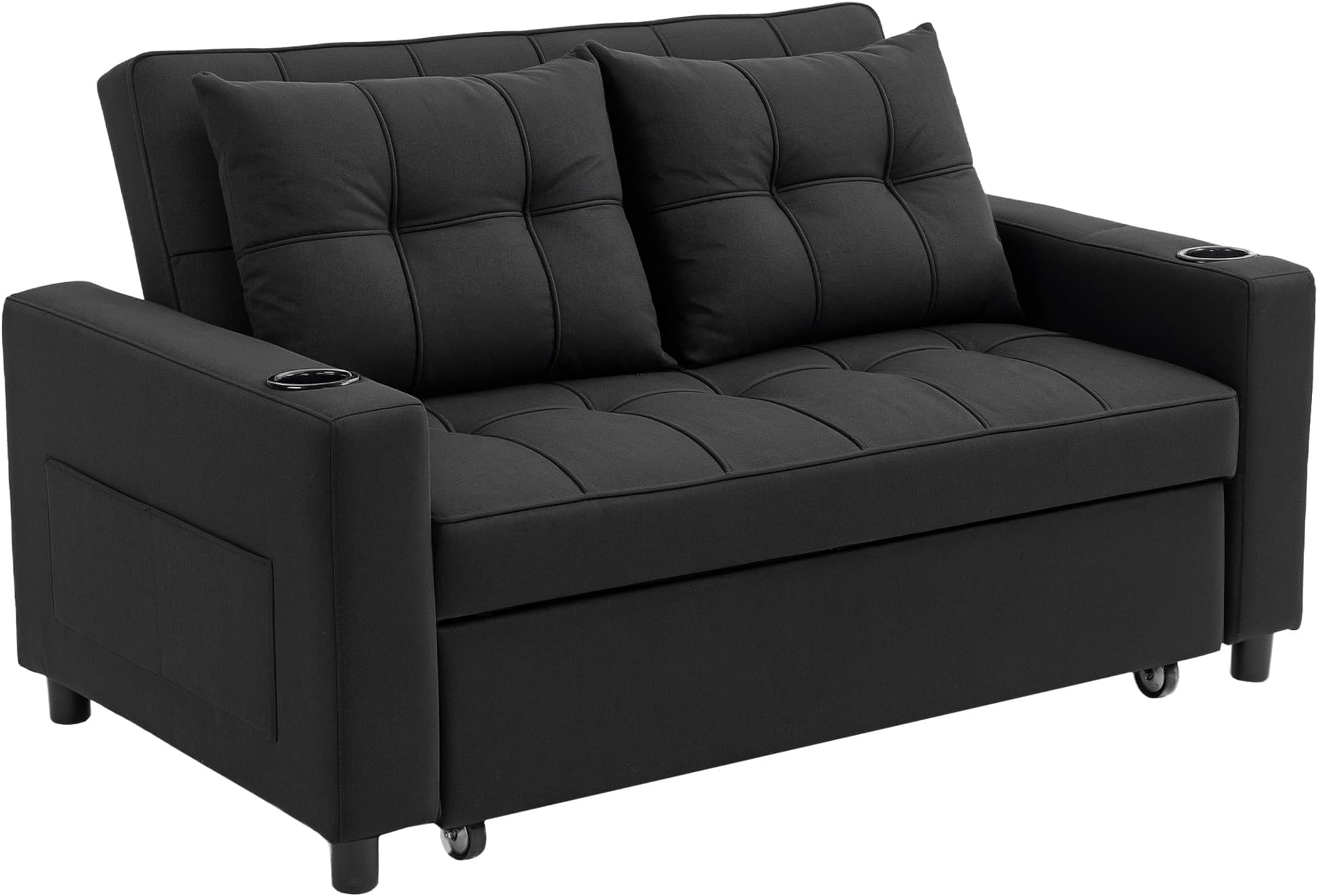 HOMCOM 3-in-1 2 Seater Sofa Bed, Convertible Sleeper Sofa with Adjustable Backrest, Fabric Pull Out Loveseat Bed with 2 Pillows, Side Pockets and Cup Holders for Living Room, Bedroom, Black