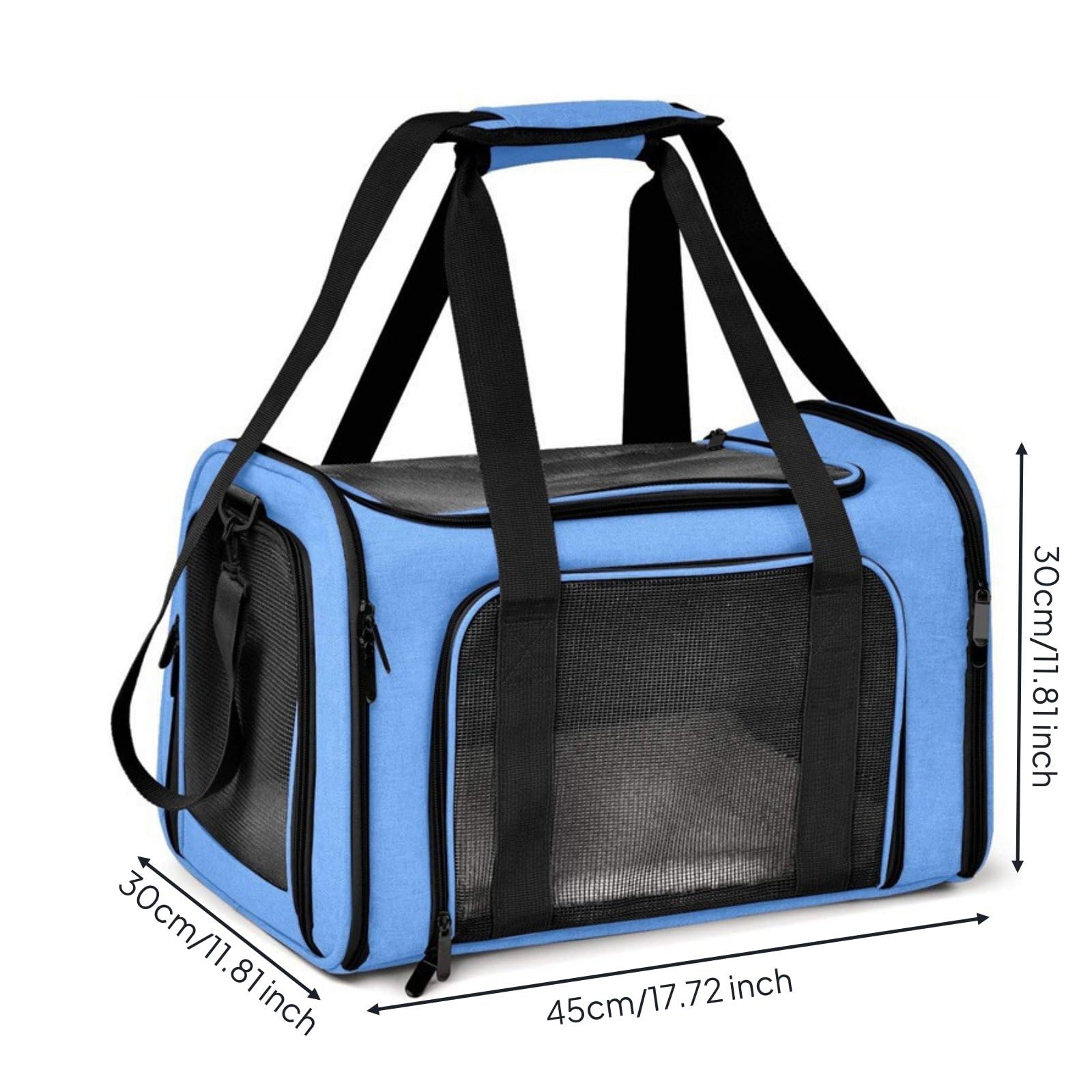 Tragbarer Haustierträger Faltbare Transporttasche Tiertransport Tasche Box Reisebox mit Gepolstertem Schultergurt Handgriffen Kofferschlaufe für Flughäfen Hotels, Blau, M