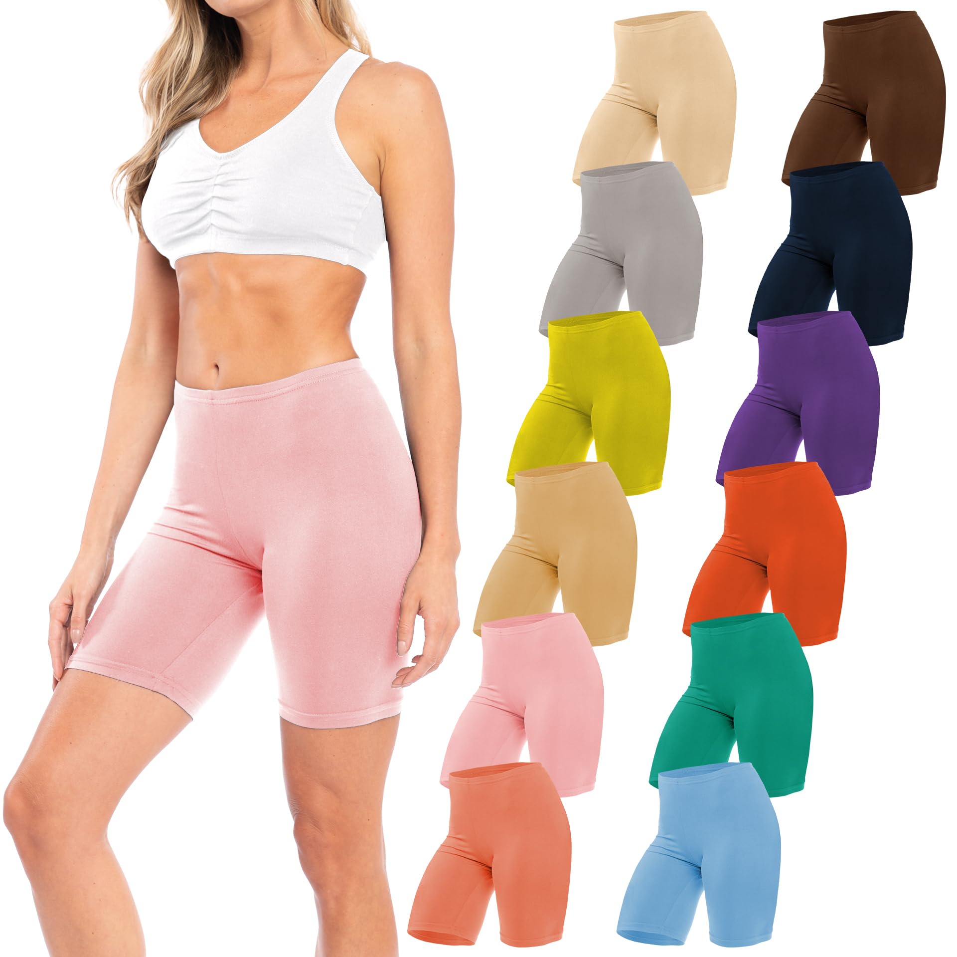 Sexy Basics Womens 12 Pack Cotton Stretch Boyshort Bike Shorts | Yoga, Slip-Short, Boxer-Briefs